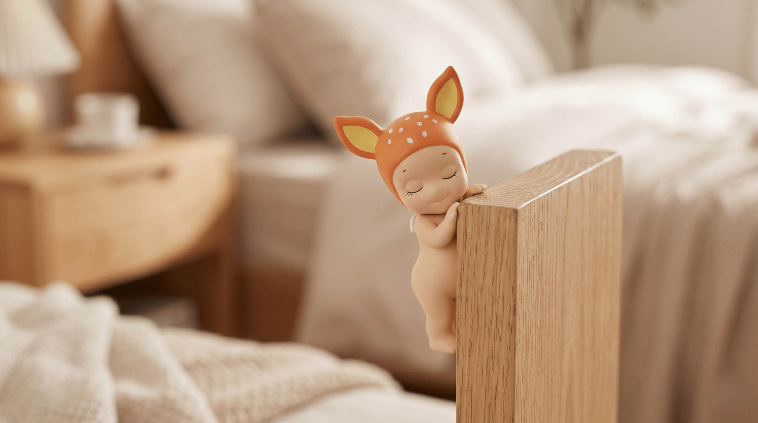 A close-up of a Sonny Angel Dreaming Hipper figurine with closed eyes resting peacefully on a wooden bedside lamp in a serene bedroom setting.
