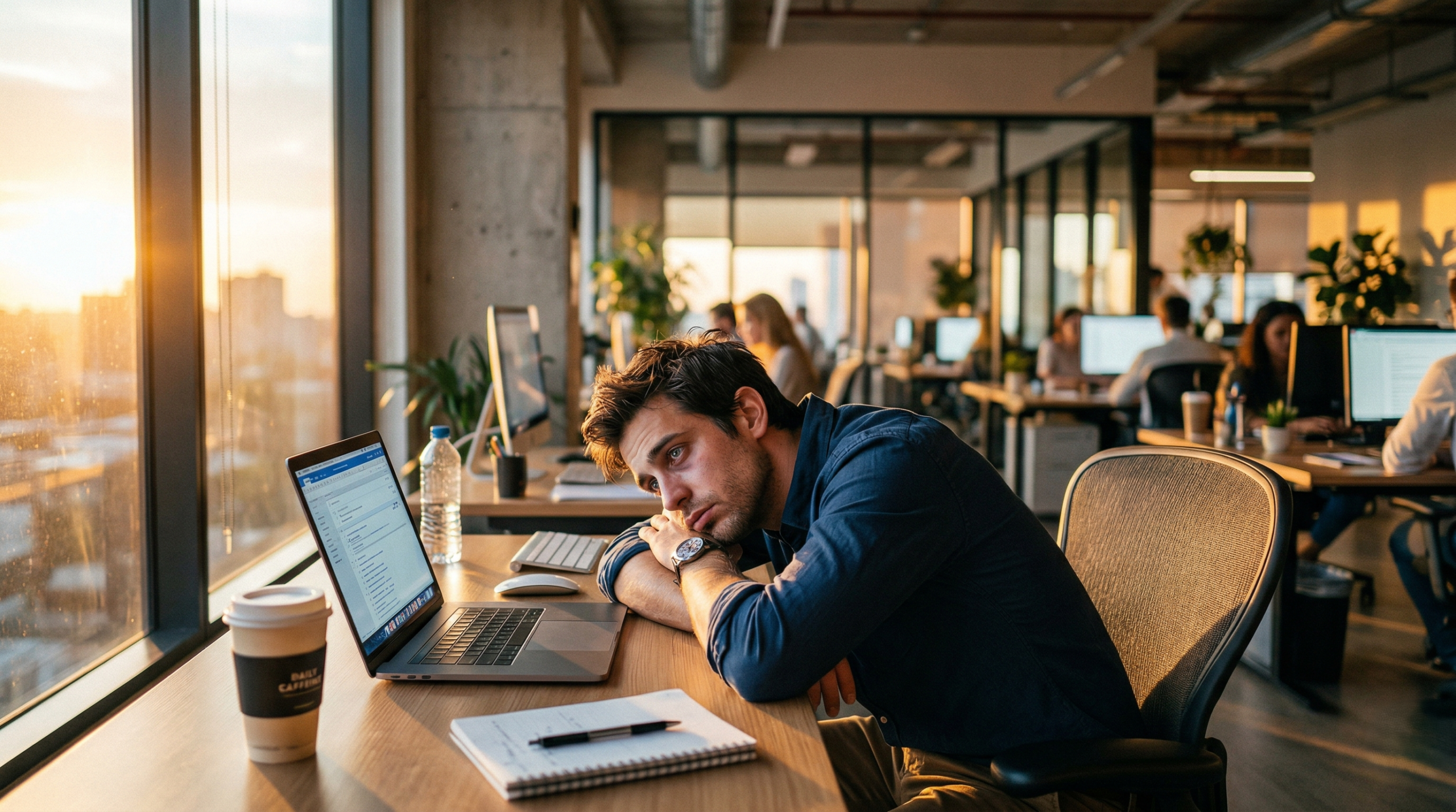 A tired office worker experiencing the natural circadian rhythm dip during the afternoon slump, needing an energy boost. 
