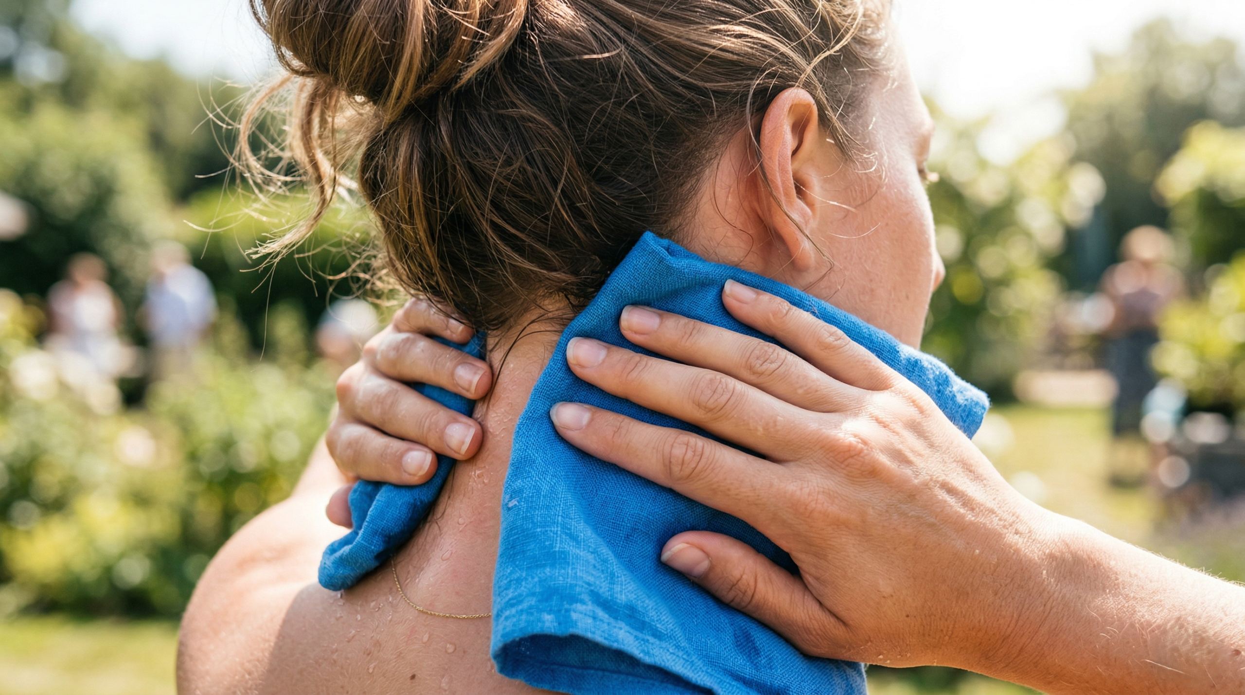 Close-up photo of a person applying a cold cloth to the back of the neck as a heat mindfulness technique to soothe the nervous system.