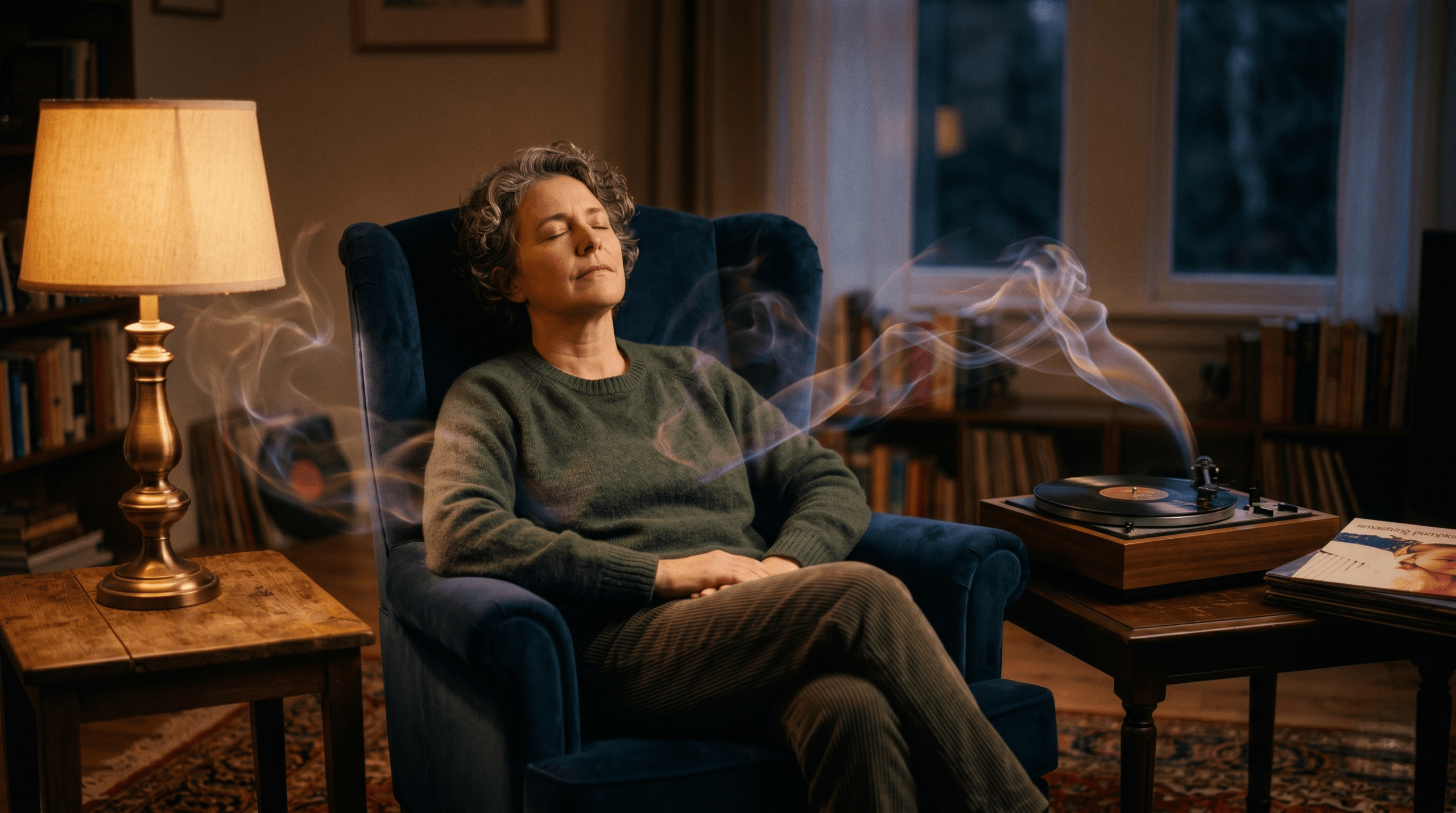 A person meditating in an armchair, practicing active listening and mindfulness while listening to music for sleep therapy.