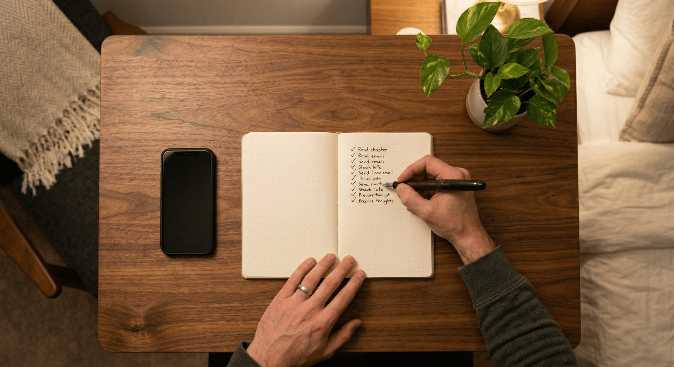 Top-down shot of hands writing picks in physical notebook next to a dark smartphone, illustrating the pre-sleep brain dump.
