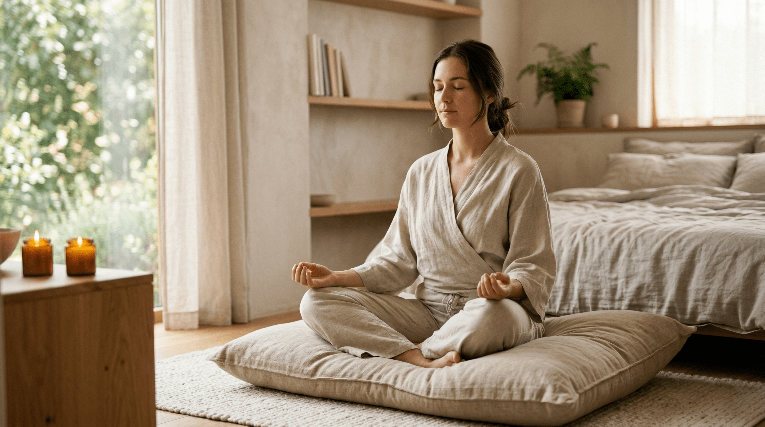 Peaceful person practicing meditation and breathwork on a cushion in a warmly lit, calm bedroom, a holistic solution for better sleep.
