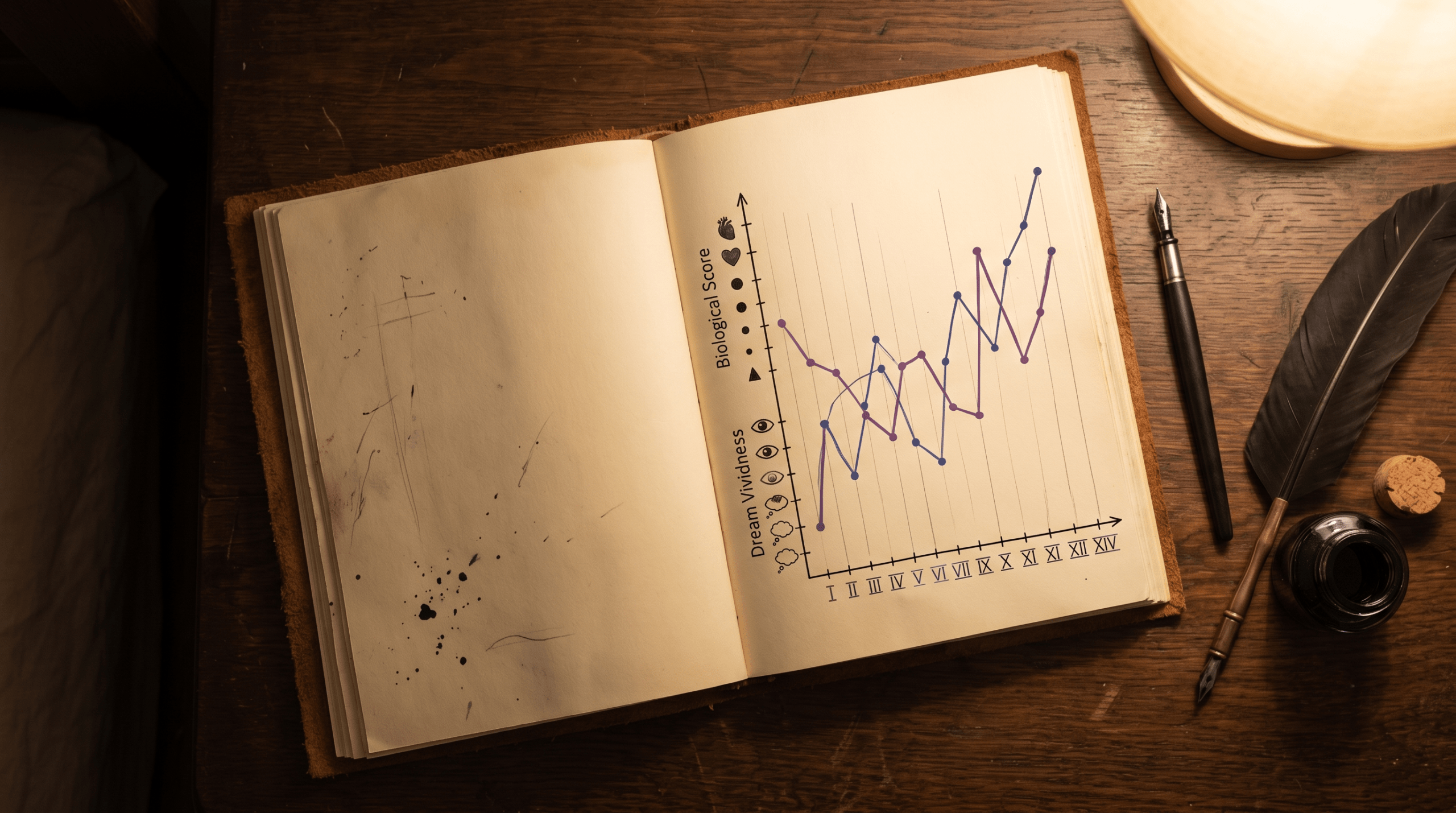 A close-up of a dream journal on a bedside table with an elegant graph tracking the hormone cycle and sleep quality data.
