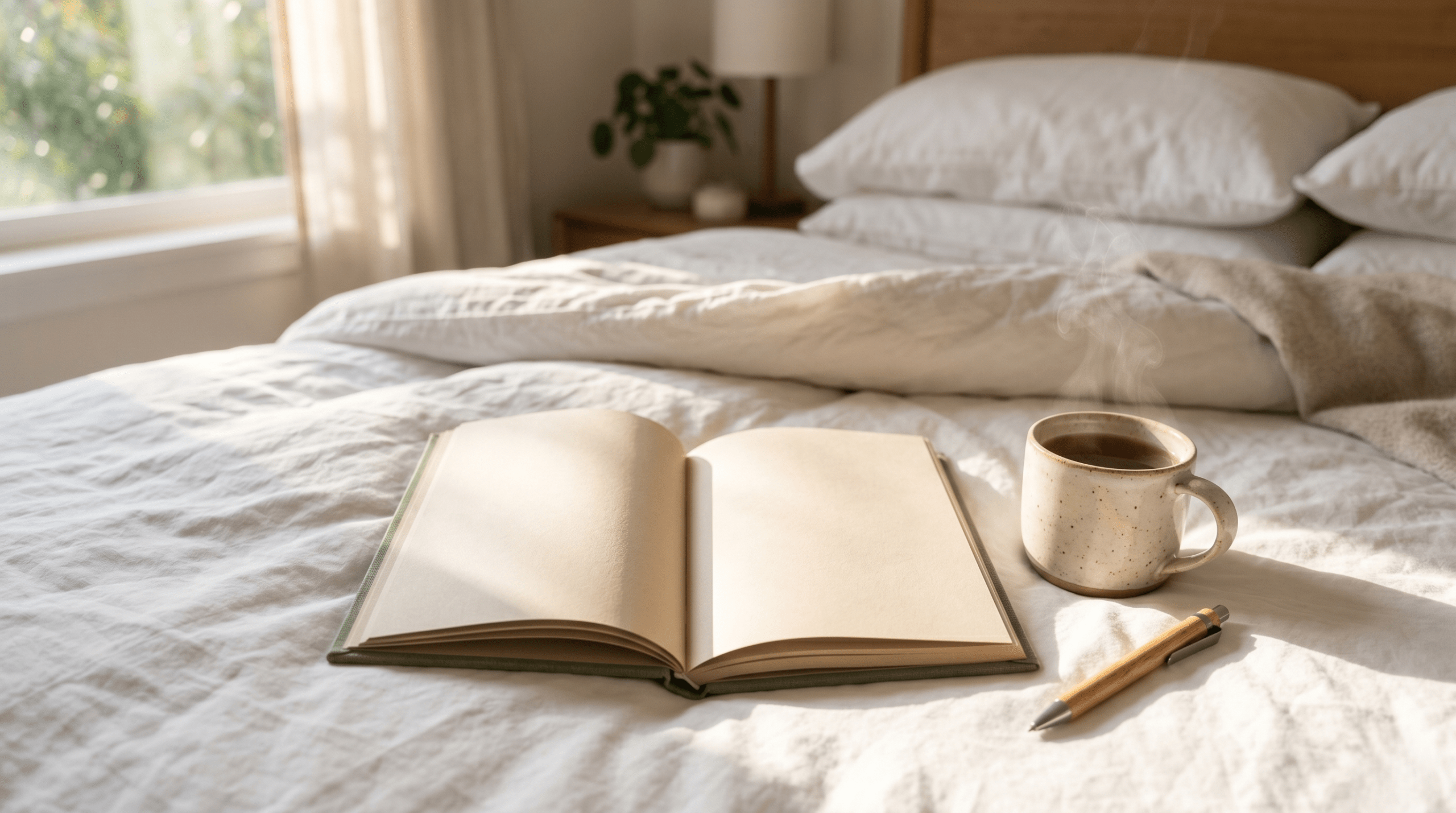 An open blank journal and a cup of warm tea resting on a cozy bed illuminated by morning sunlight.
