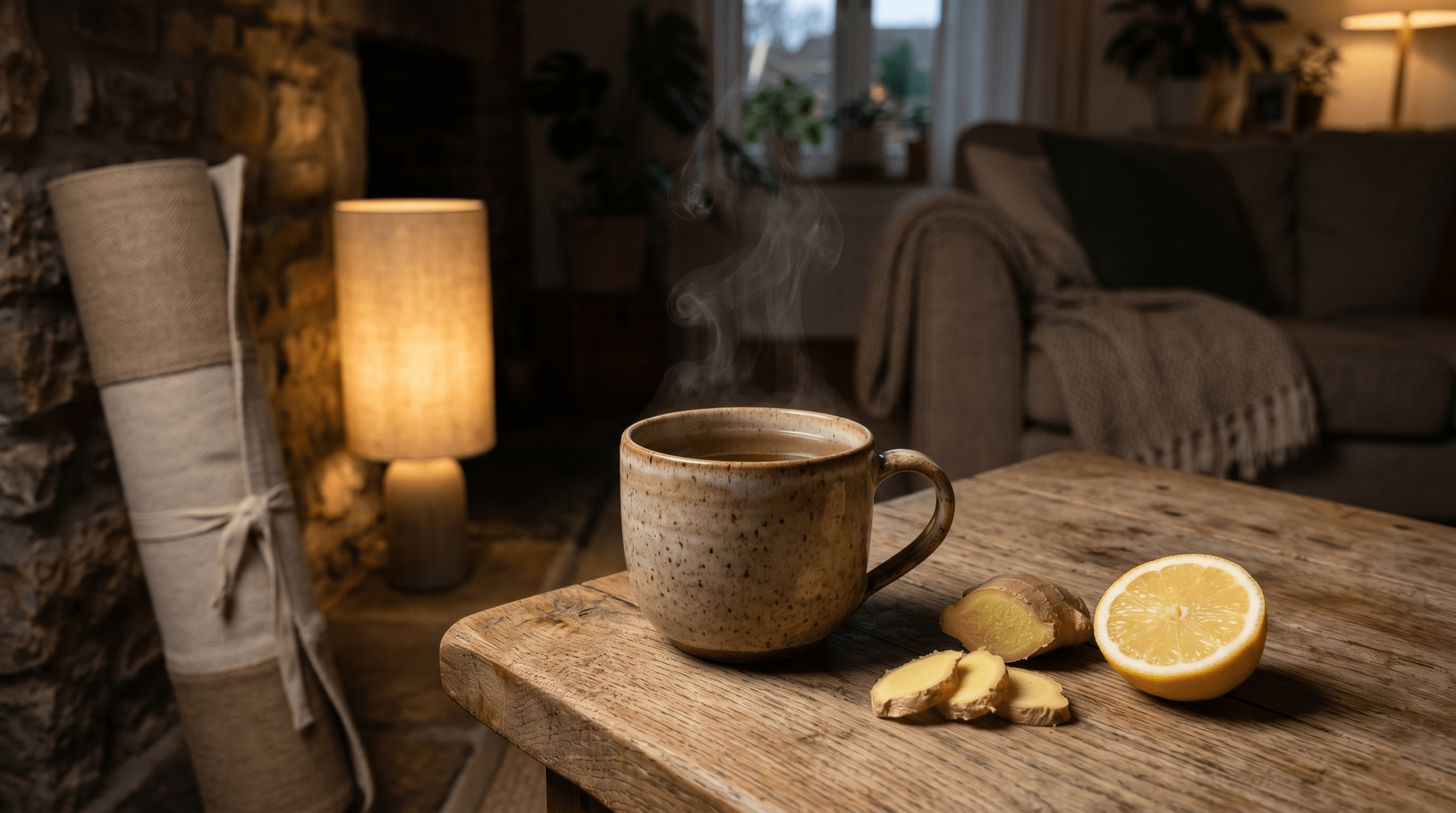 A steaming cup of ginger herbal tea and fresh lemon used as a holistic wind-down routine to support digestion after a heavy dinner.
