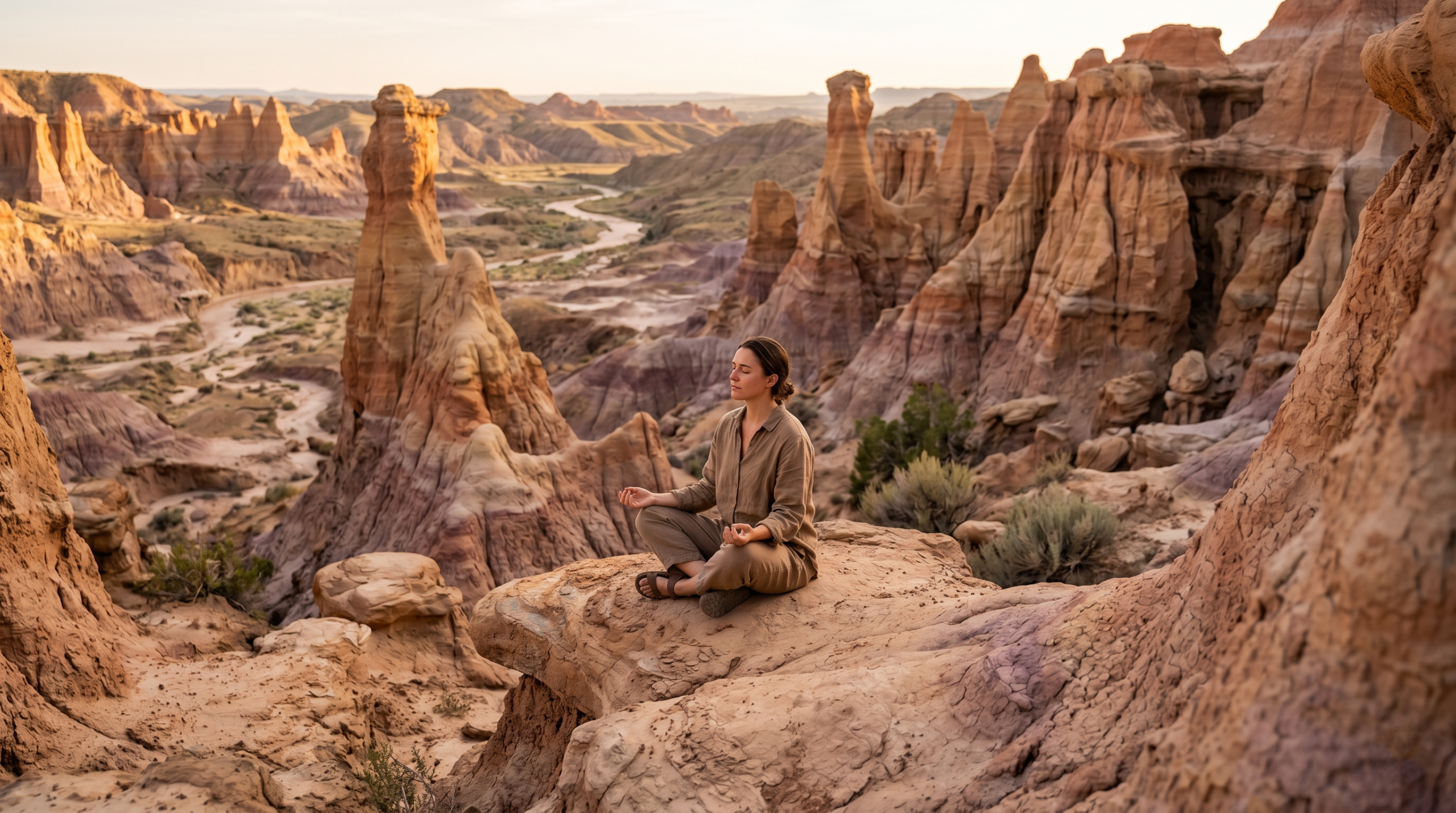 Hiker meditating and finding peace among the surreal clay formations and hoodoos in the Valley of Dreams.
