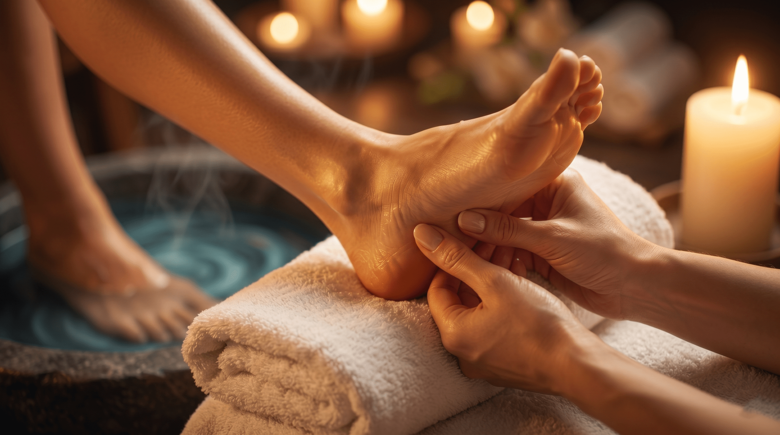 Close-up photograph demonstrating a calming reflexology foot massage being performed as part of a bedtime spa routine.