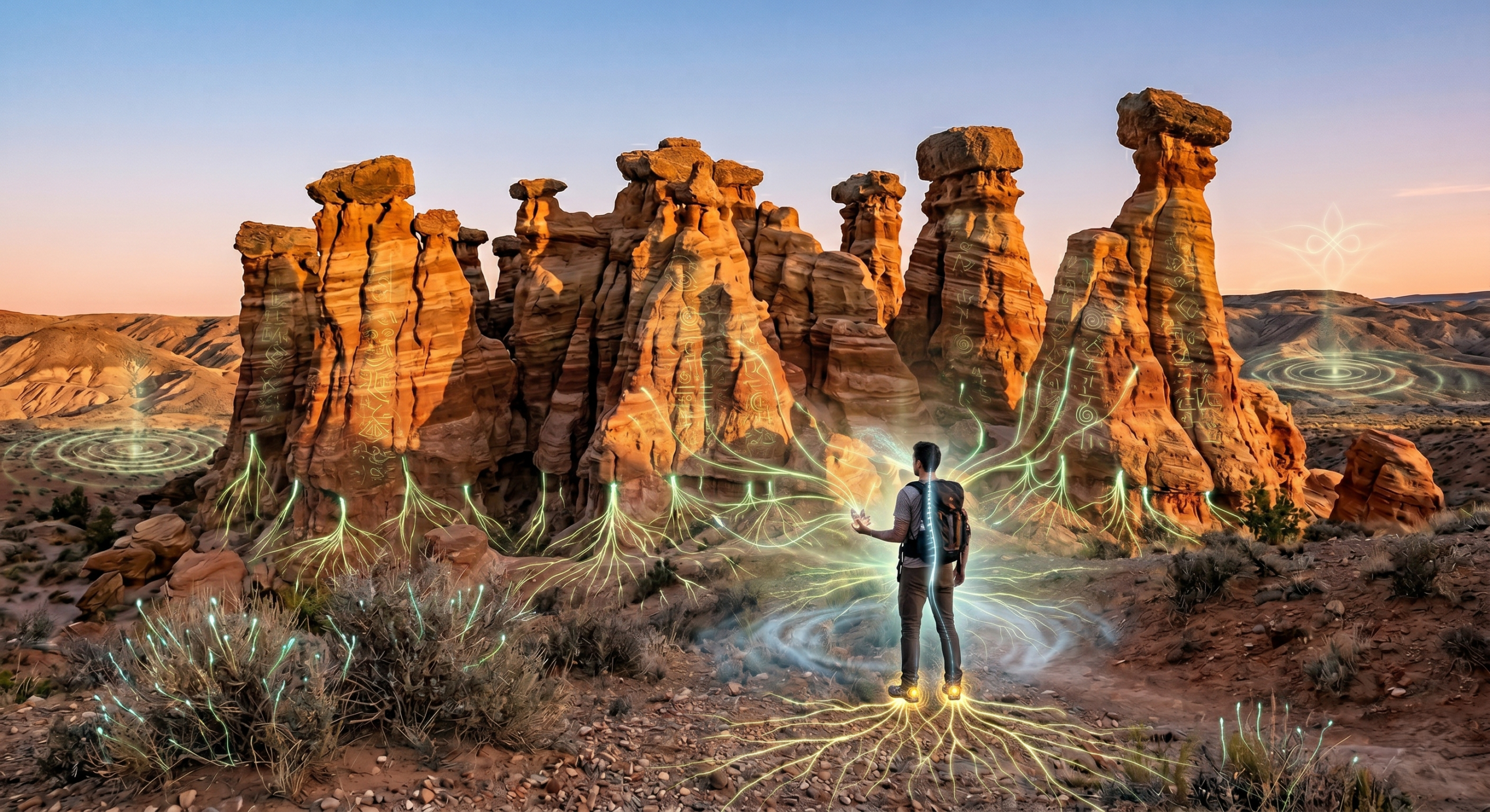  A hiker practicing mindful grounding and walking meditation among the surreal hoodoos.
