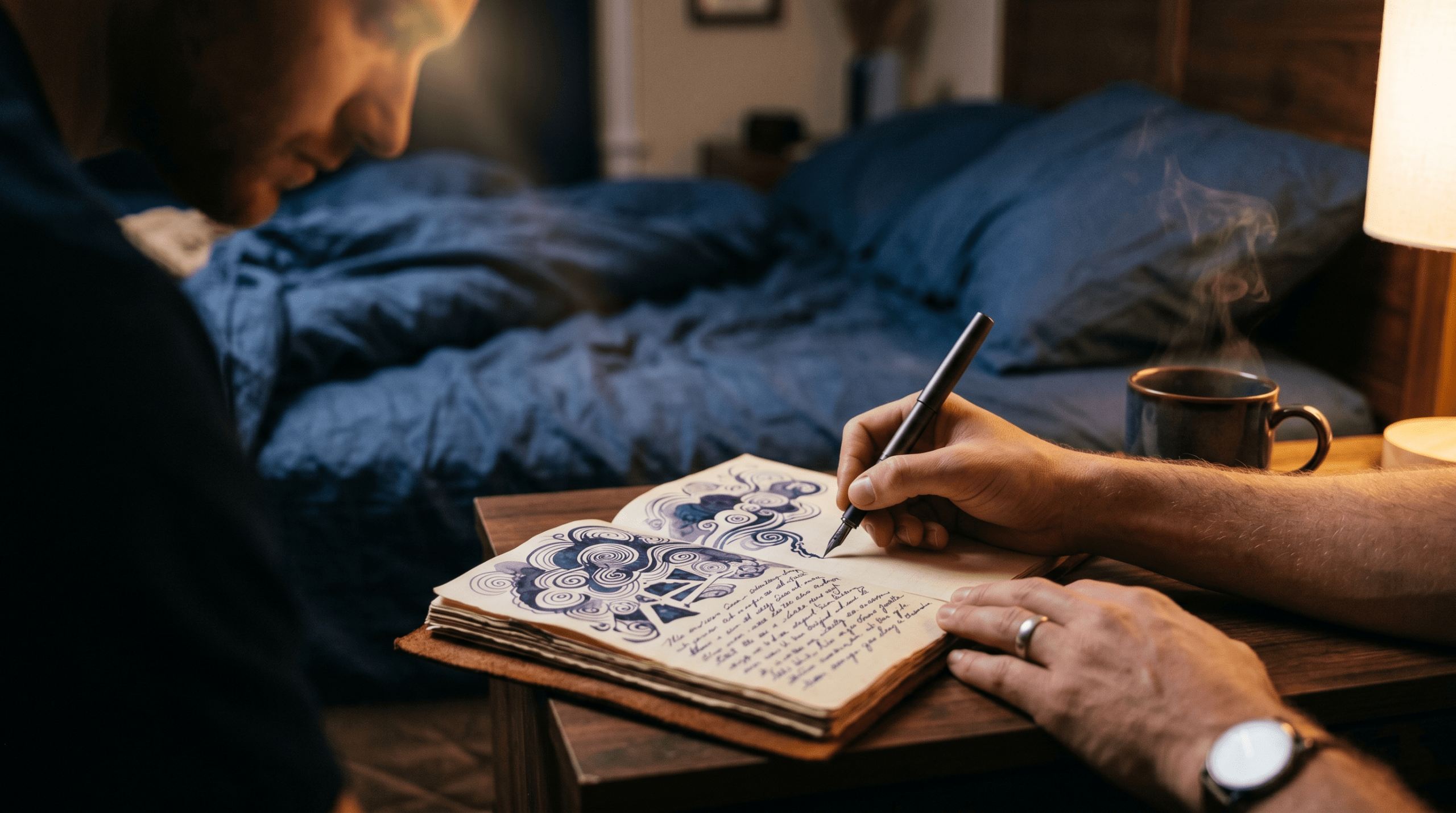 Close-up photograph of a hand writing anxieties into a leather journal at night, illustrating cognitive offloading to prepare for sleep.