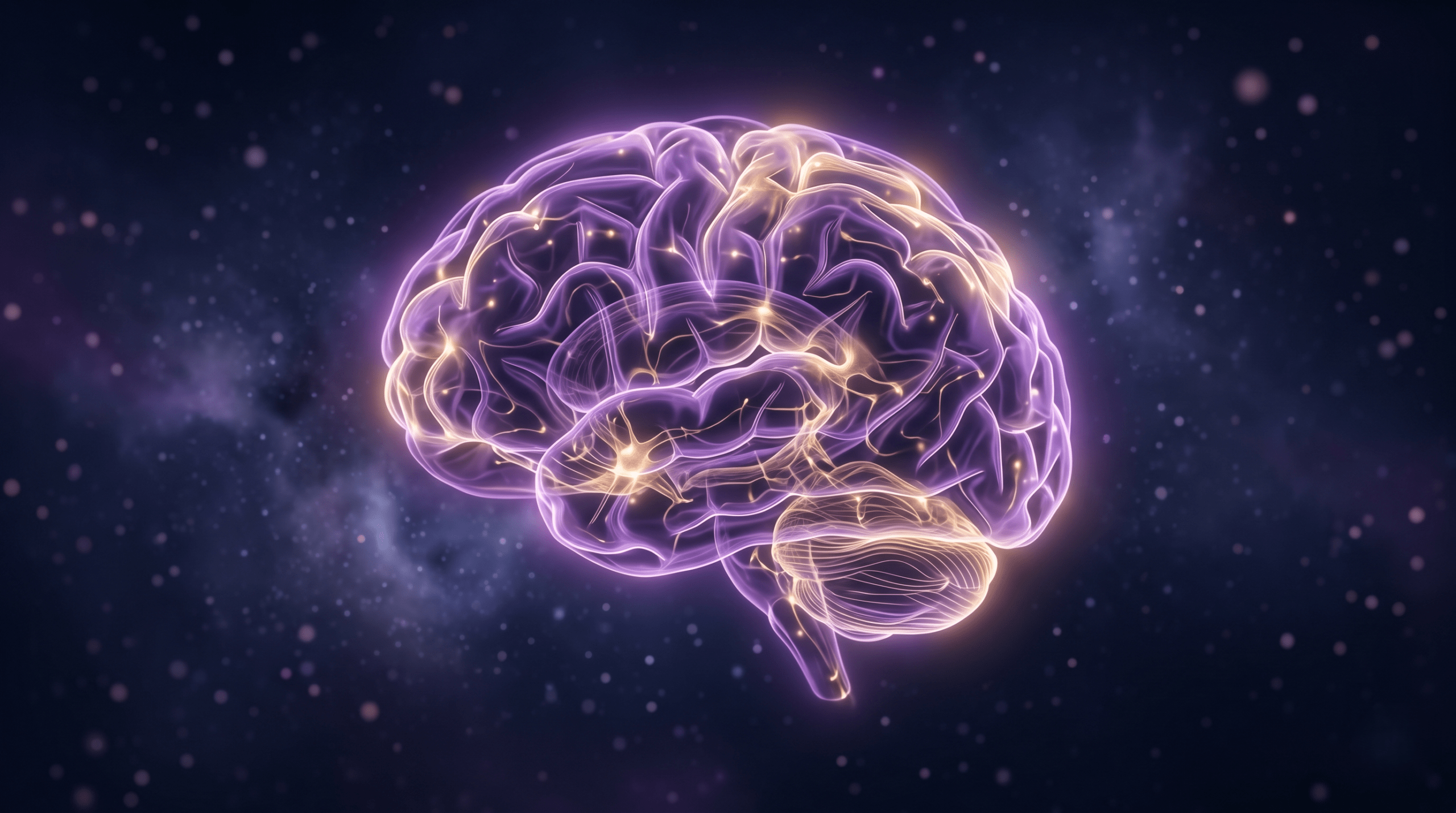 A glowing 3D illustration of a human brain and neural pathways illuminated in deep purple and gold, representing sleep science.

