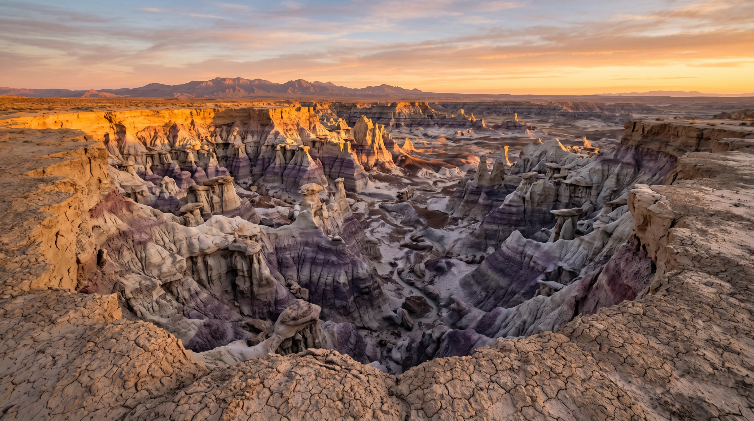 Stunning valley of dreams trailhead photos taken from the rim overlook showing the sprawling alien hoodoos below.
