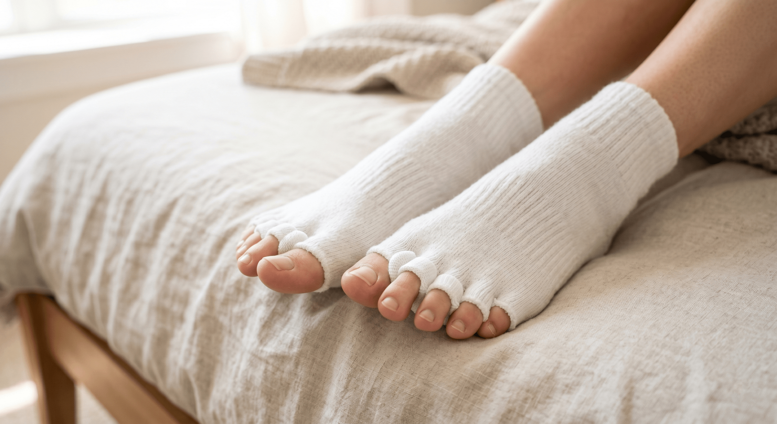 Detailed view of feet wearing white plush toe-alignment socks with fabric loops separating the toes on a linen sheet.