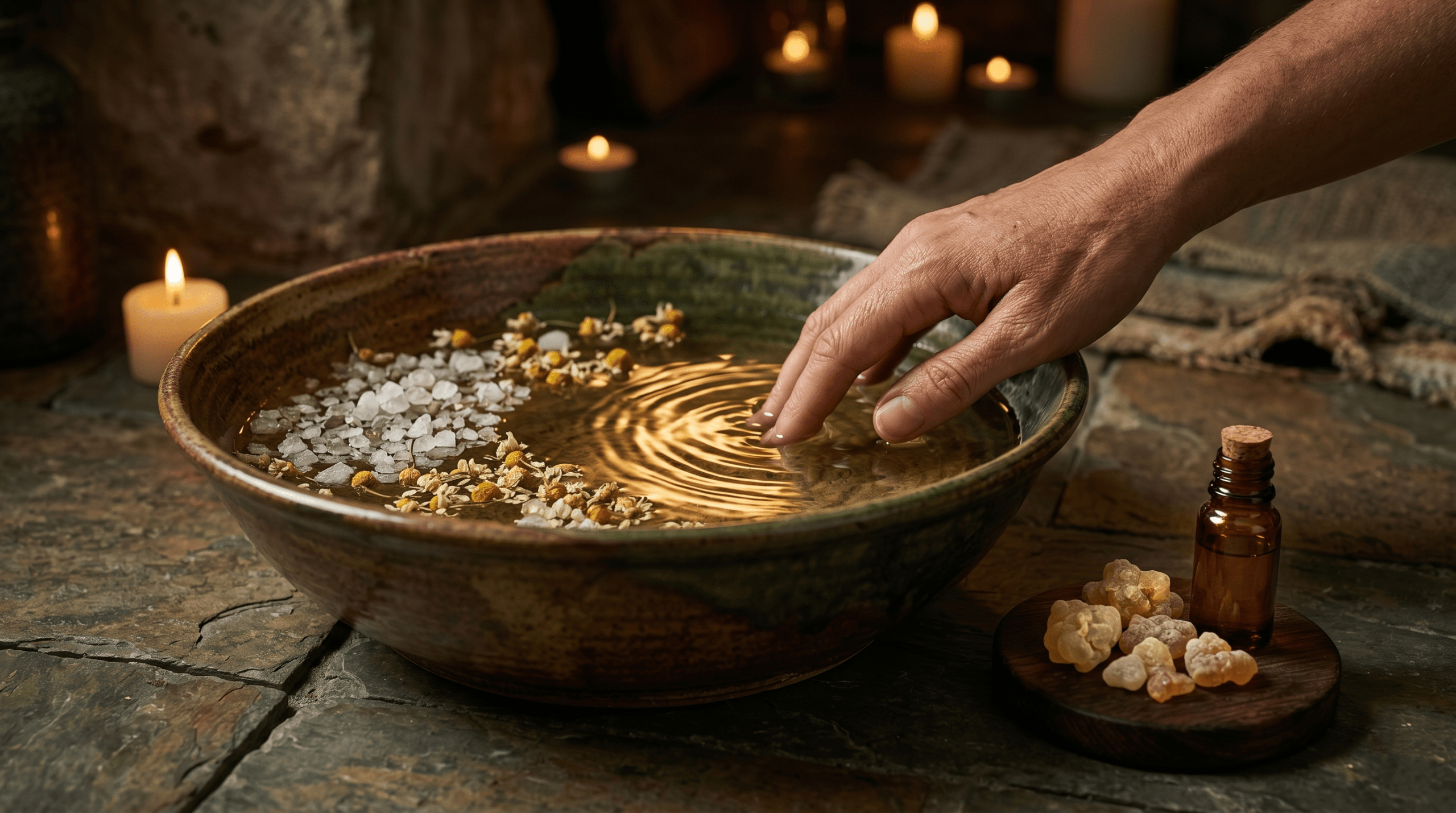 Visualization of an earthy and grounded customized foot soak recipe using Dead Sea salt, Chamomile, and Vetiver oil.