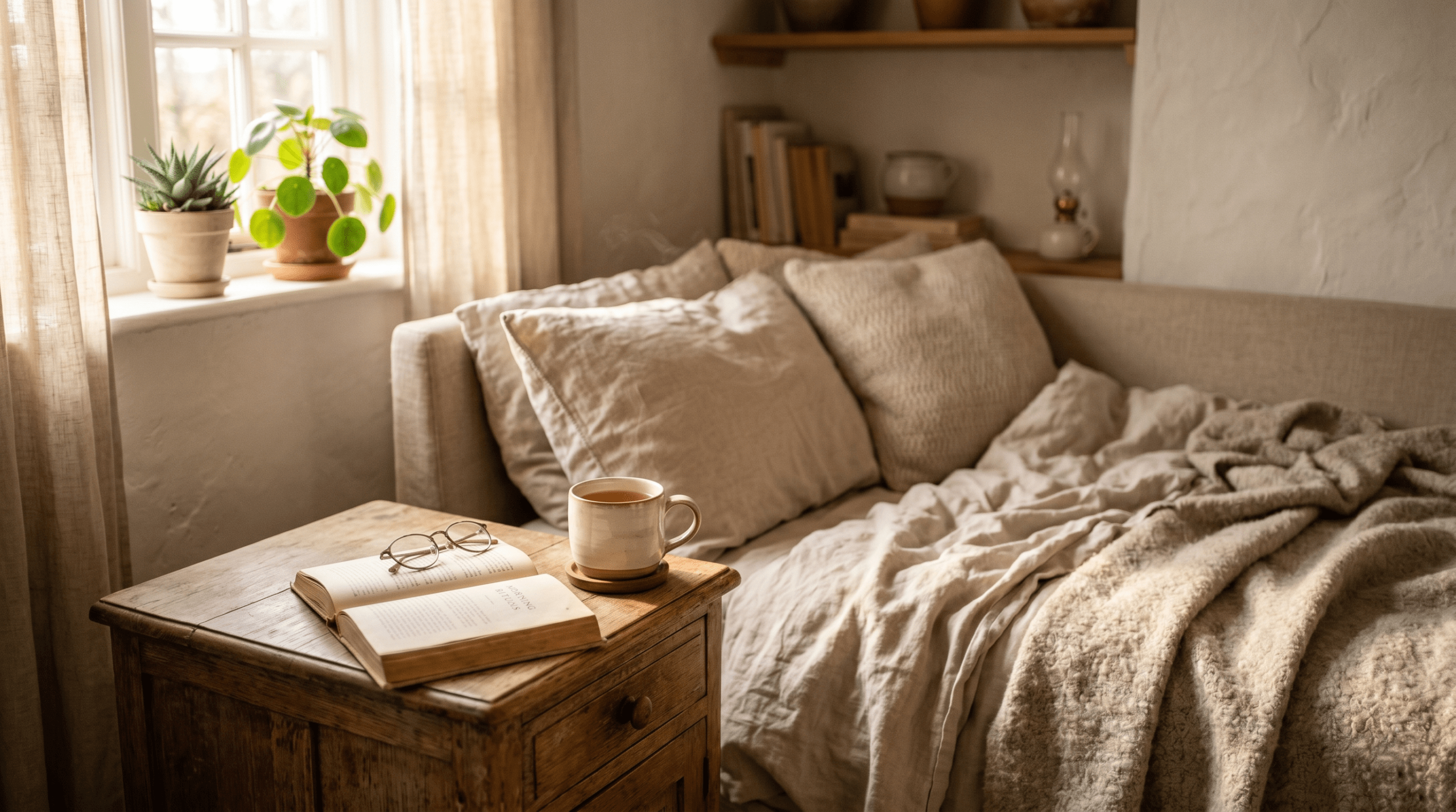A tranquil, soft-lit corner of a home showing an unmade bed, an open book, and a mug of tea, illustrating life without the pressure of perfection.
