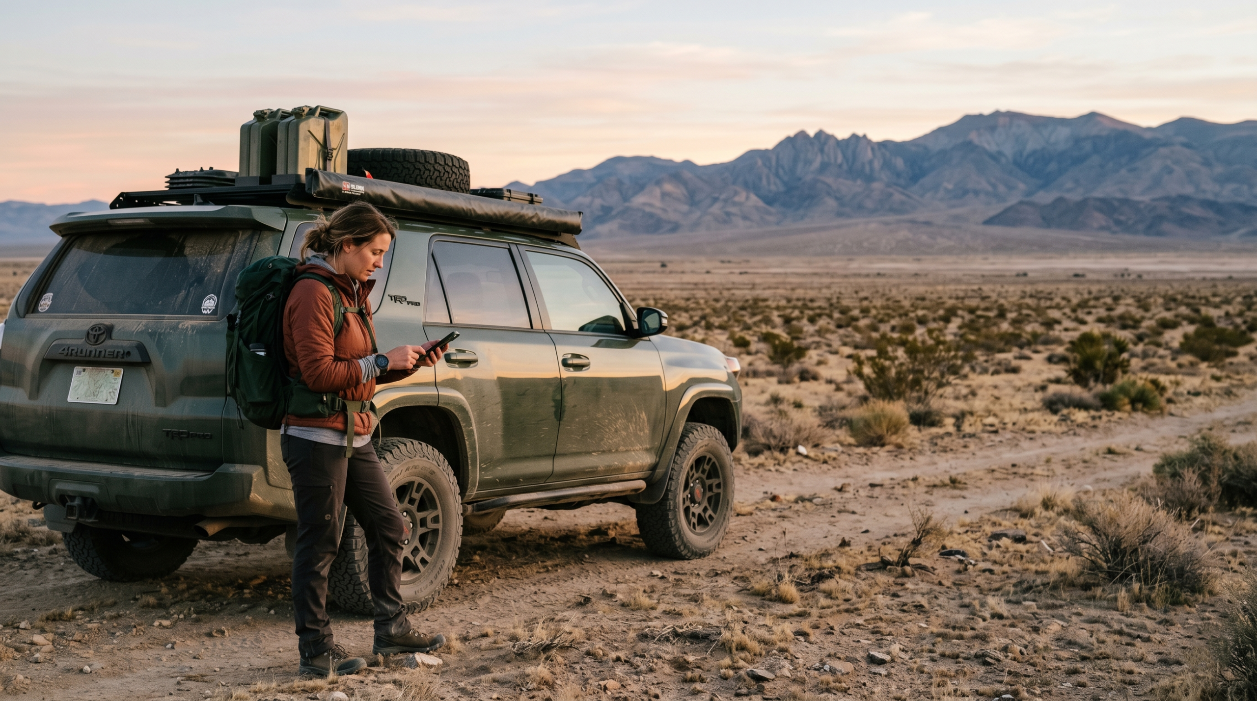 Hiker preparing gear and checking offline GPS map before exploring the Valley of Dreams New Mexico badlands.