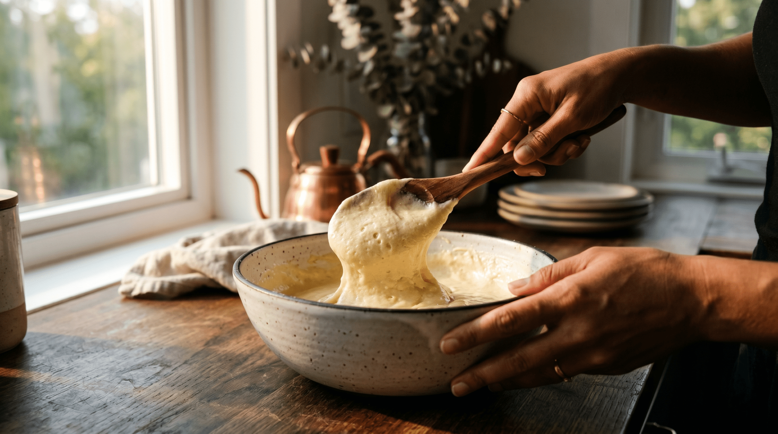 A close-up of hands mindfully mixing batter in a sunlit kitchen, representing the calming flow state of baking happy birthday cupcakes.
