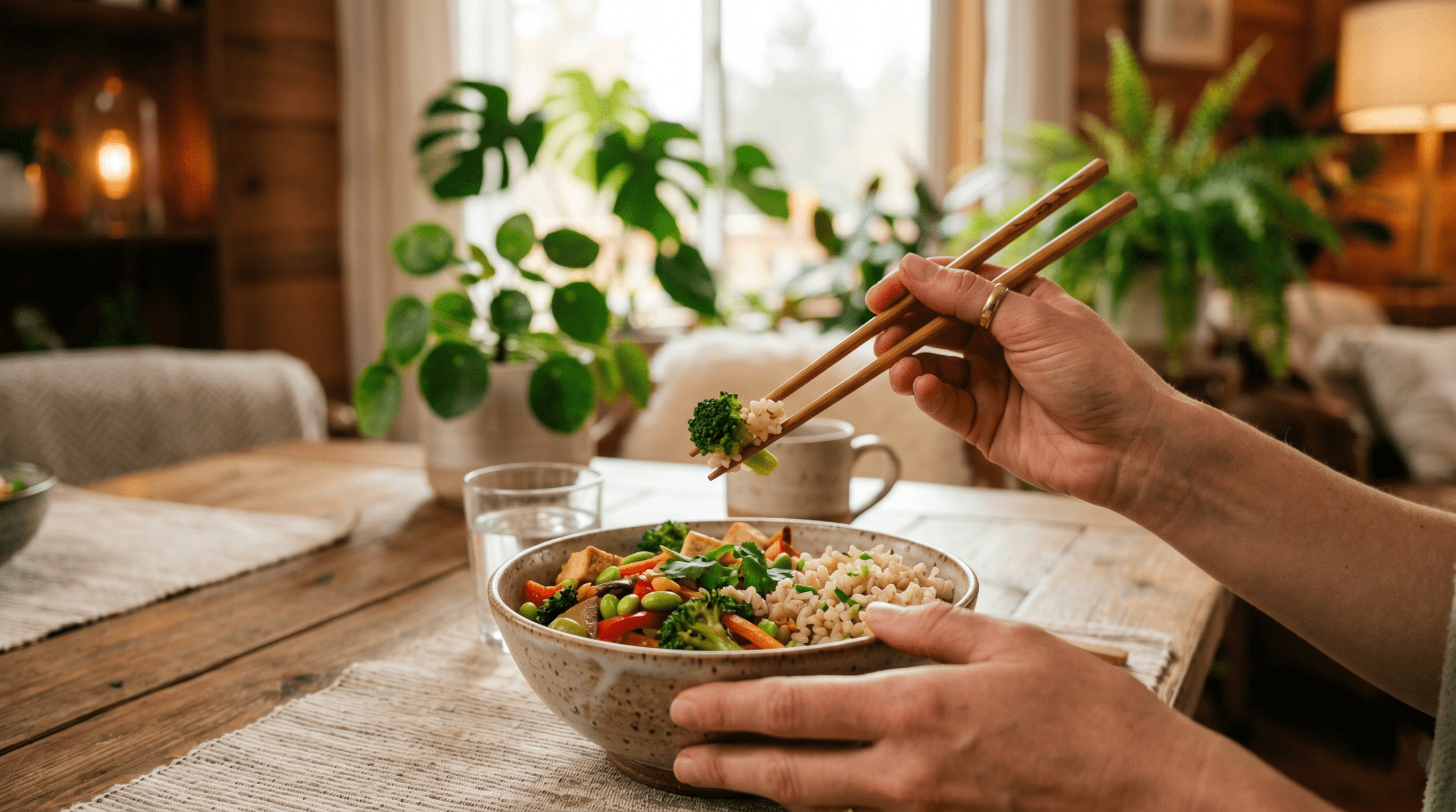 Practicing mindful eating techniques with a healthy takeout meal to improve digestion, portion control, and nervous system regulation.