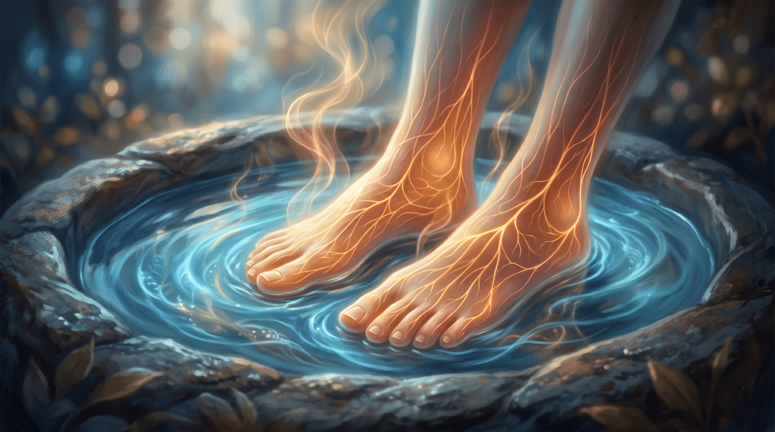 Abstract illustration visualizing the thermoregulation and nervous system effects of a warm water soak.