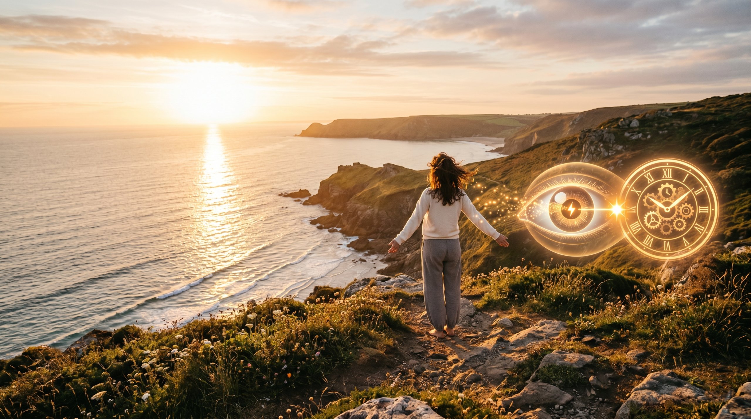 Wide-angle landscape of woman on a coastal cliff absorbing bright golden morning sunlight, visually demonstrating circadian rhythm synchronization
