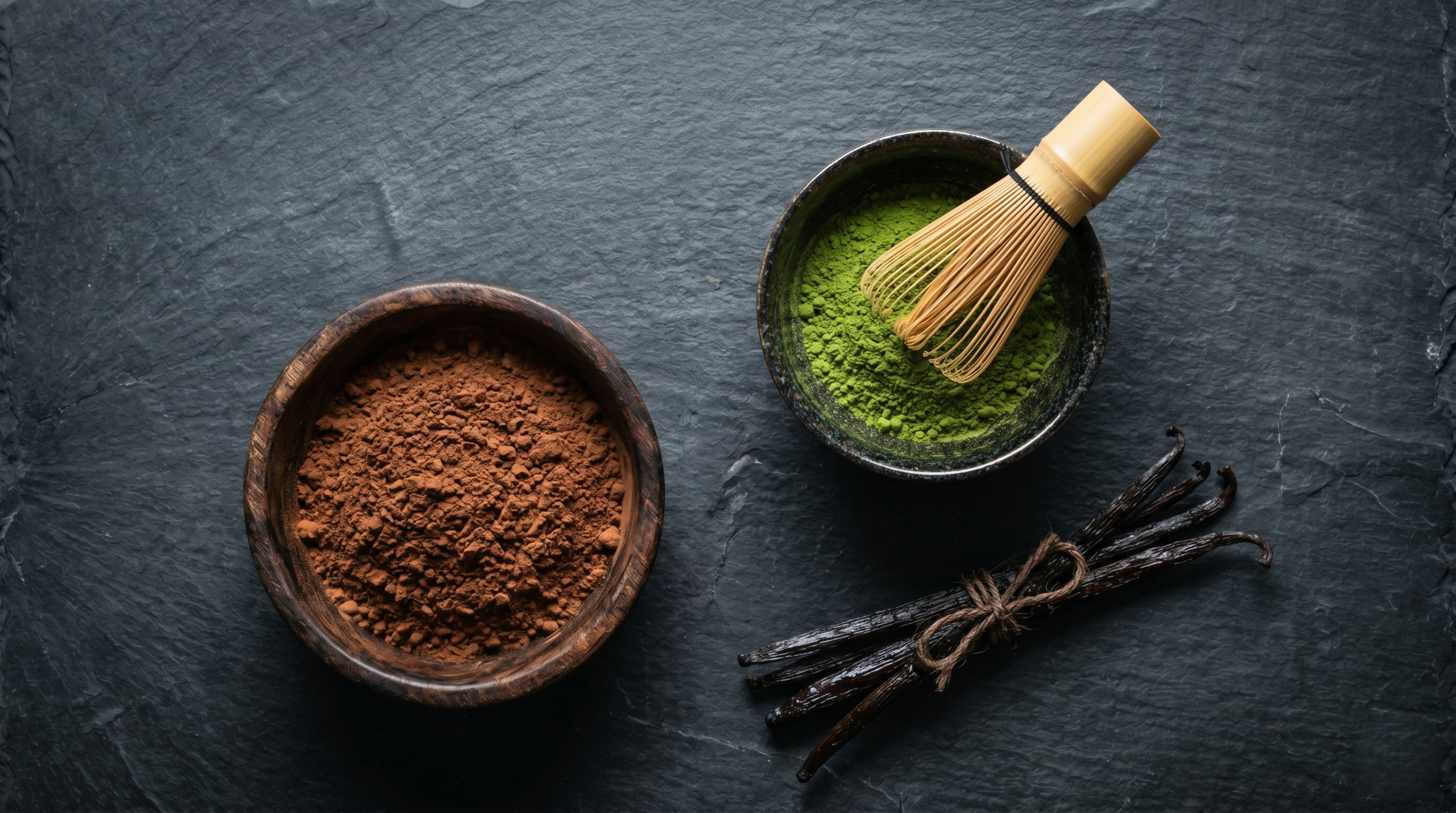 Premium brain-boosting ingredients including raw cacao, ceremonial matcha, and fresh vanilla beans arranged for baking healthy happy birthday cupcakes.
