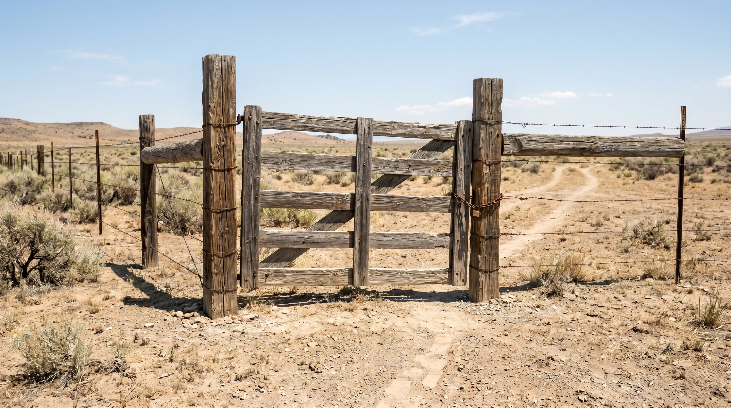 Valley of dreams trailhead photos highlighting the barbed wire fence and wooden gate landmark.