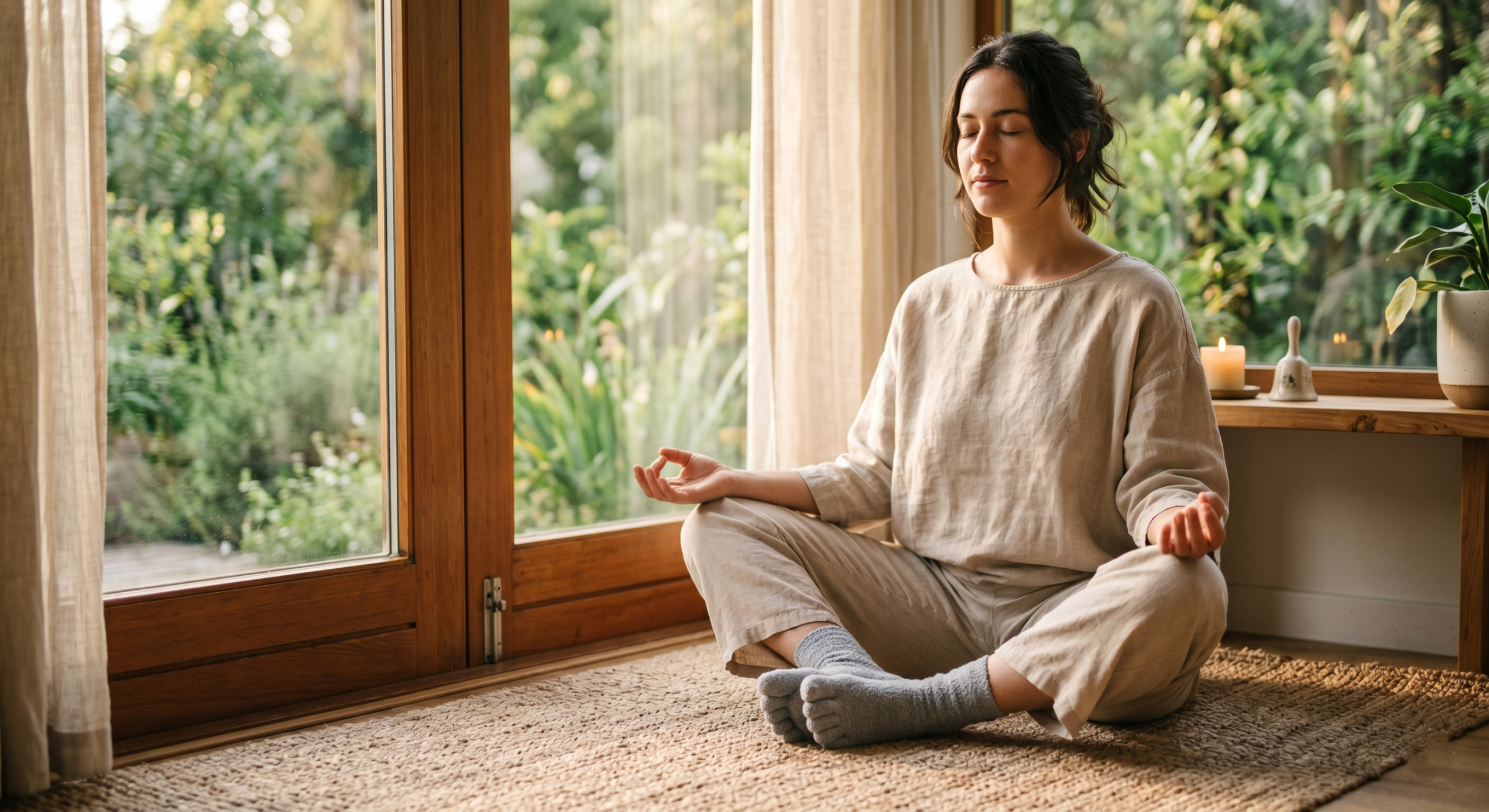 A serene person sitting cross-legged in loungewear and toe-alignment socks meditating by a sunlit window.