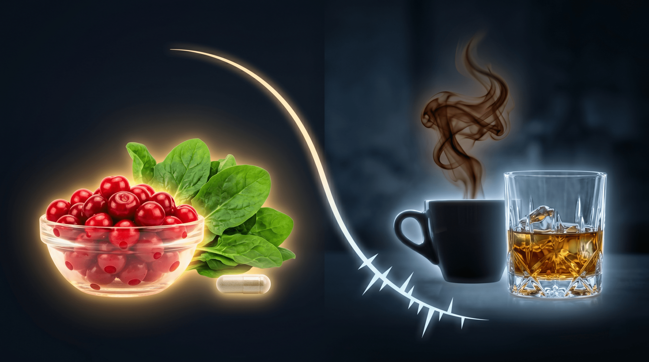 contrasting sleep-supportive foods (tart cherries, magnesium) with sleep disruptors (caffeine, alcohol) in night-time lighting.