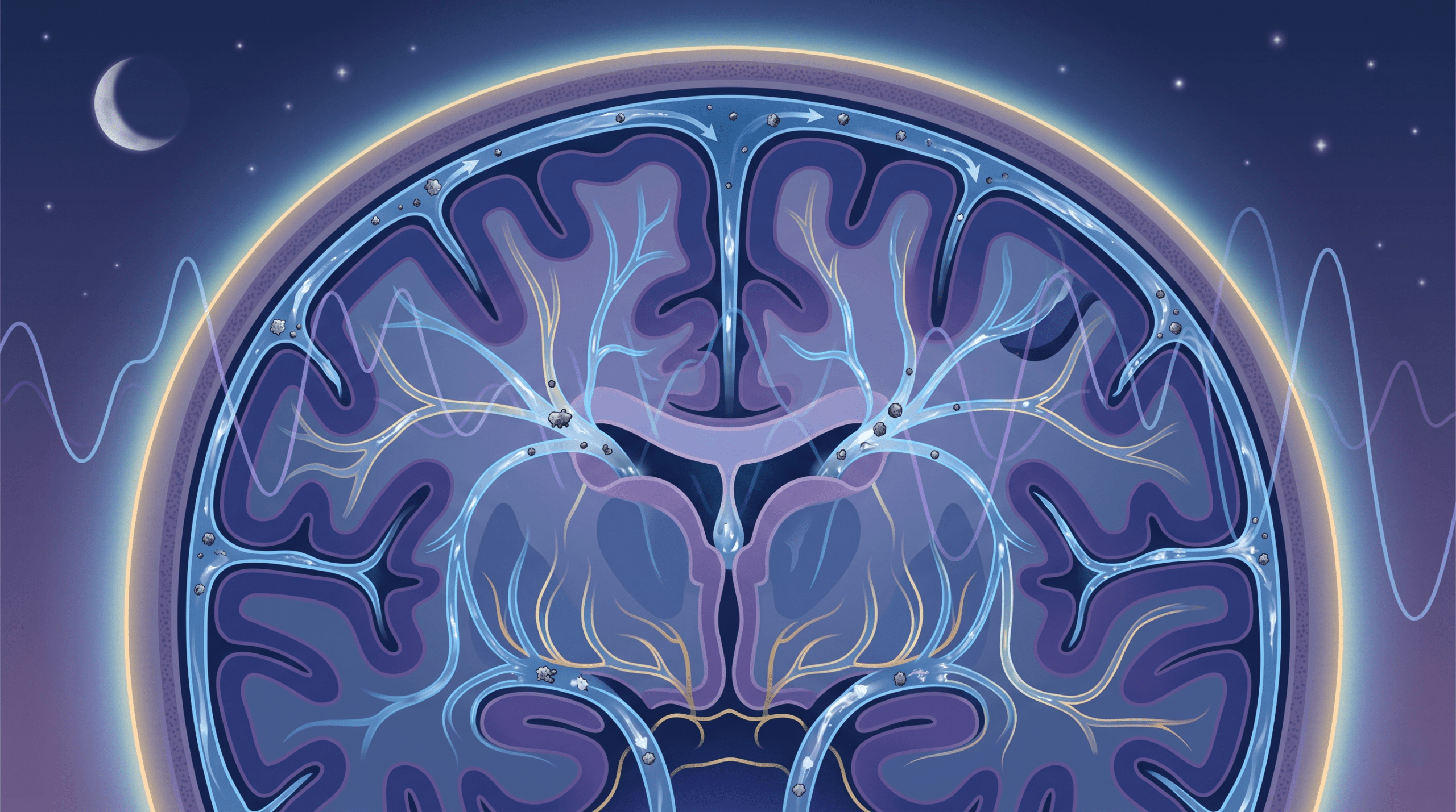 Scientific illustration of the glymphatic system in the human brain flushing neurotoxins during deep sleep and delta wave activity.