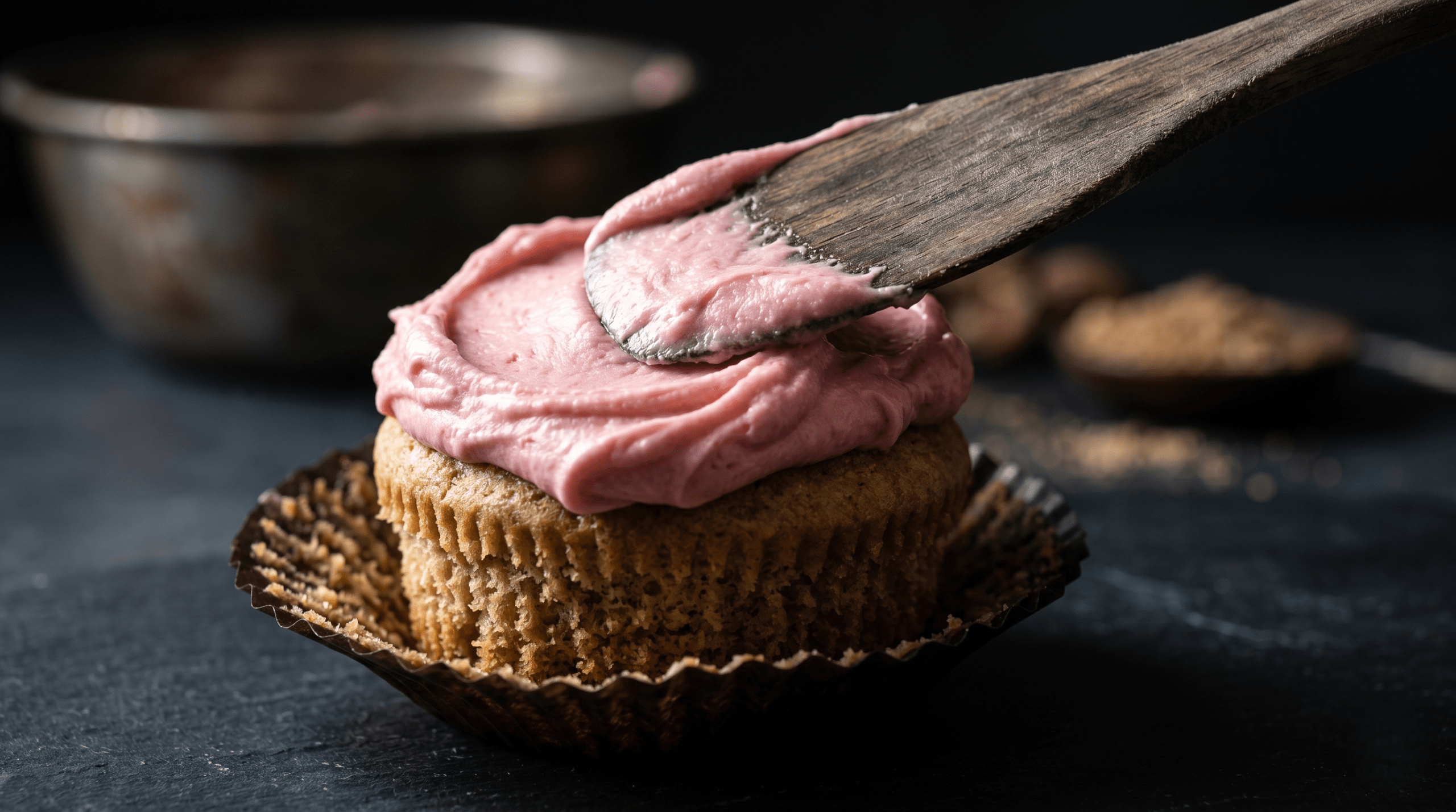 A macro shot of naturally dyed pink frosting being smoothly spread onto a freshly baked cupcake during a mindful baking session.
