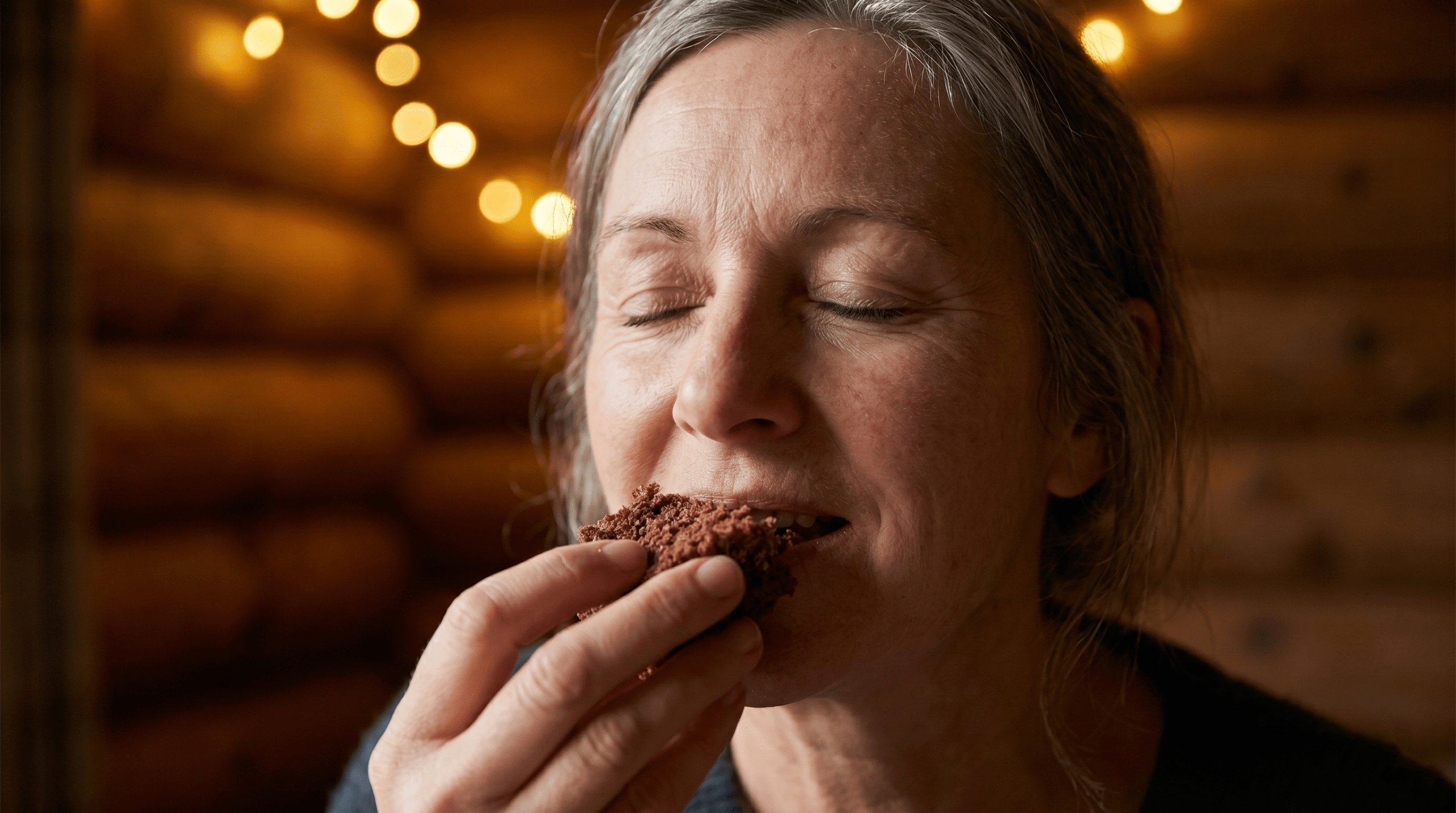 A person experiencing emotional comfort and relief while mindfully eating a slice of simple chocolate cake in a cozy, warm-lit cabin setting.
