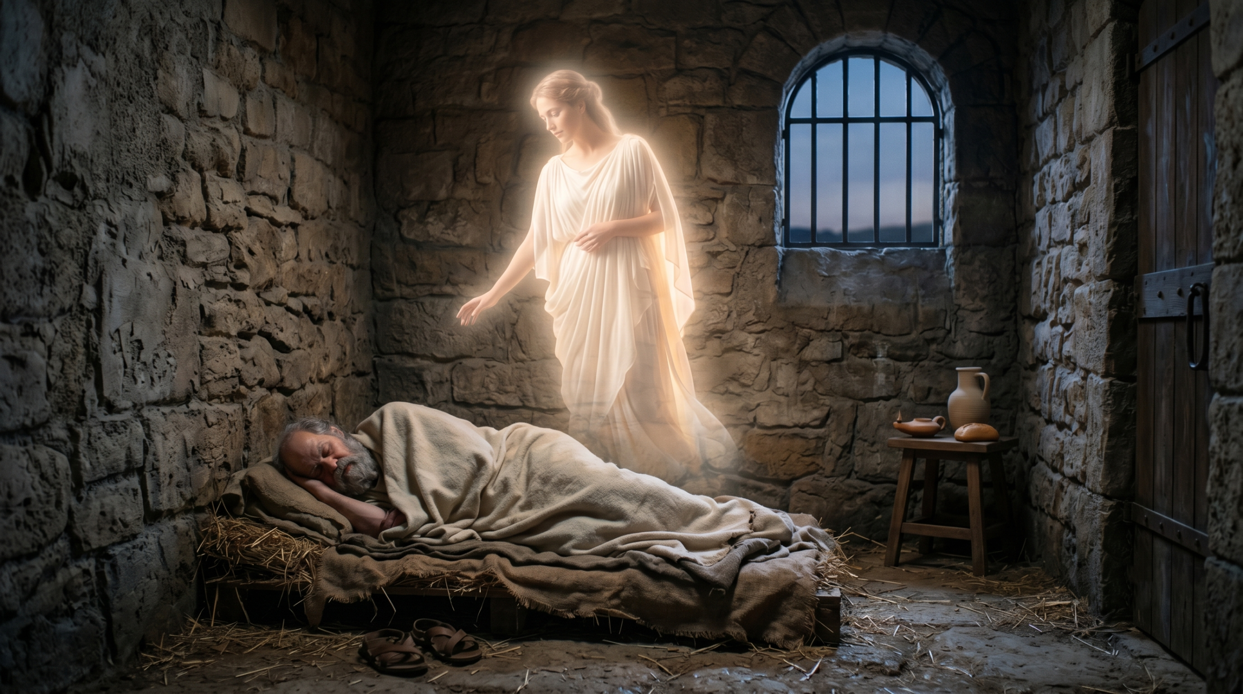 An ethereal visualization of the Woman in White dream experienced by Socrates in his Athenian prison cell.
