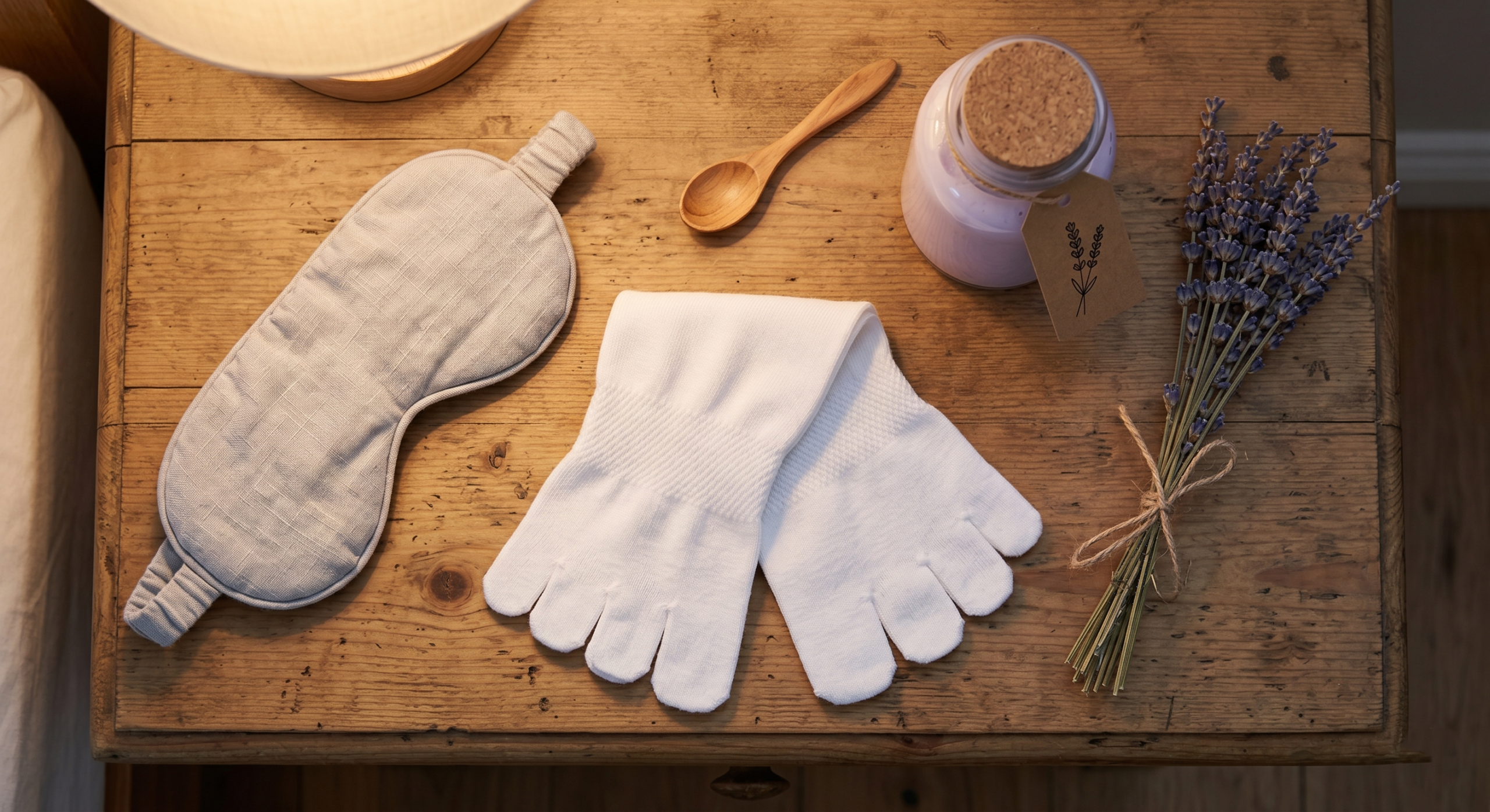 Flat lay of nighttime wind-down essentials including happy feet socks, lavender lotion, and a sleep mask on a wooden table.