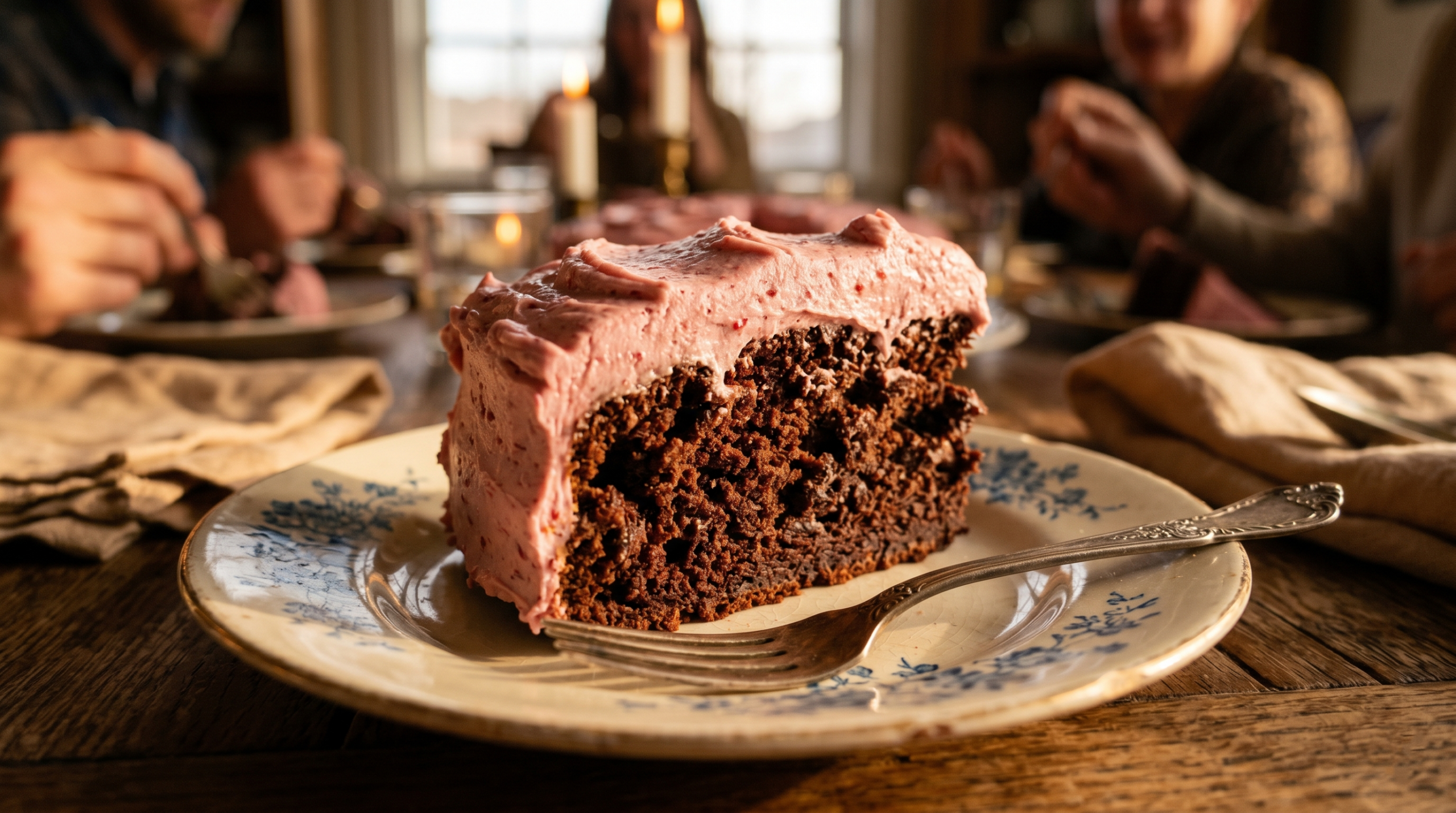 A deeply inviting, textured close-up of a single slice of rustic chocolate cake with pink frosting, served on a vintage plate, symbolizing self-compassion.
