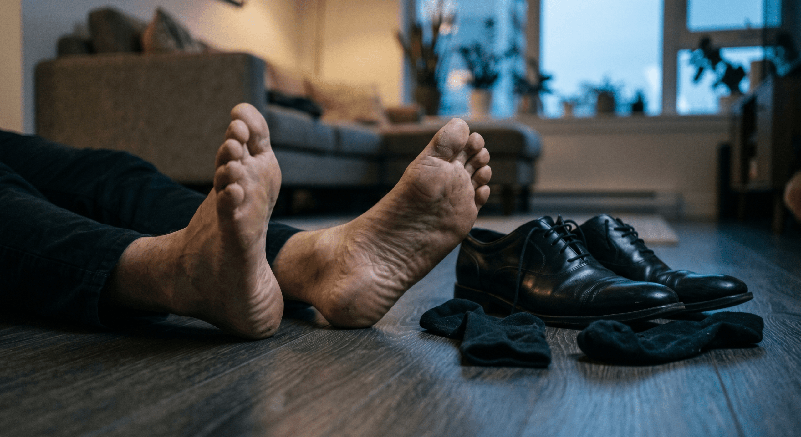 Close-up of tired bare feet next to restrictive leather business shoes on a wooden floor at dusk.