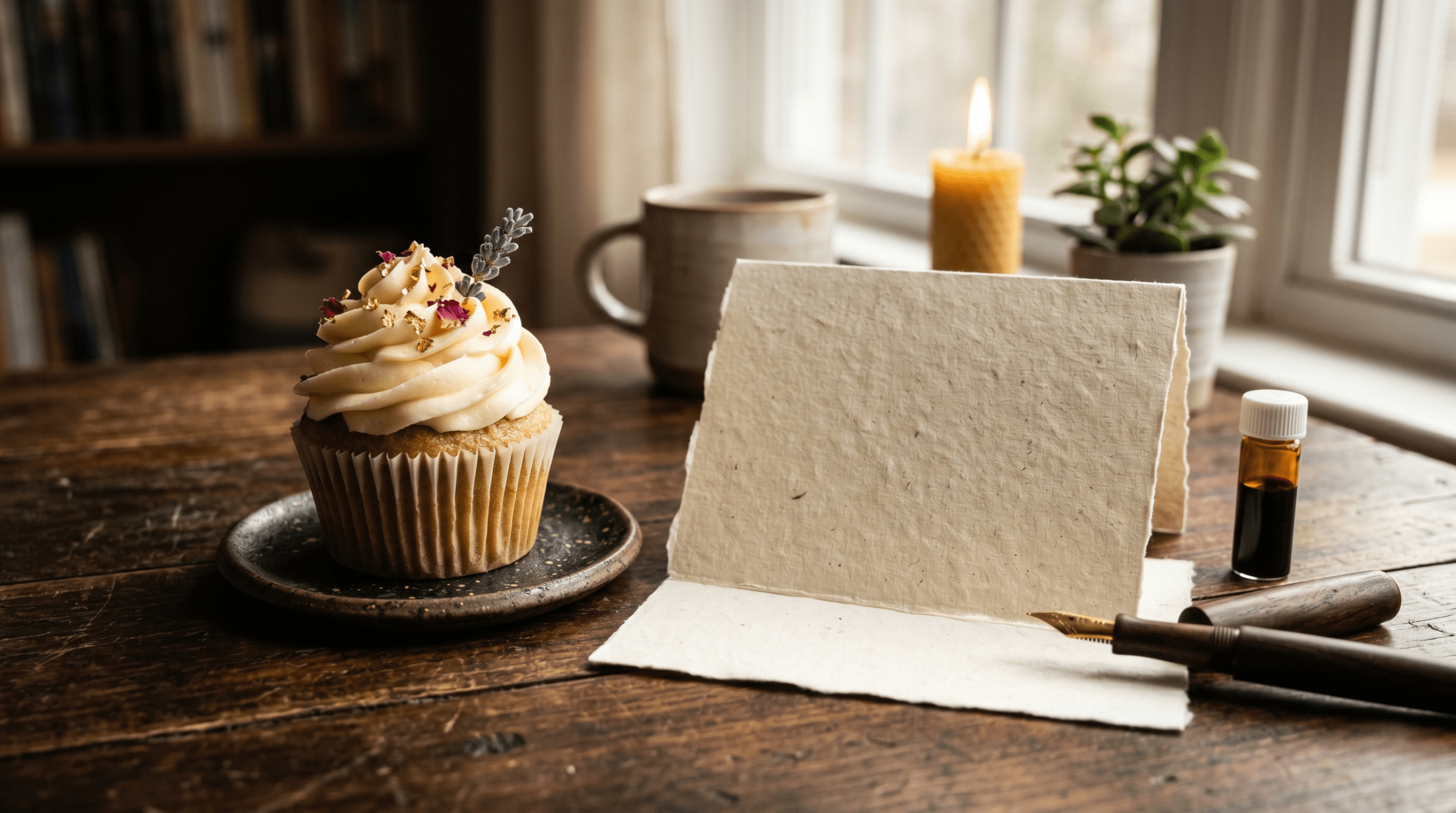 A beautifully decorated happy birthday cupcake placed next to a blank gratitude note on a modern wooden table, ready to be gifted.