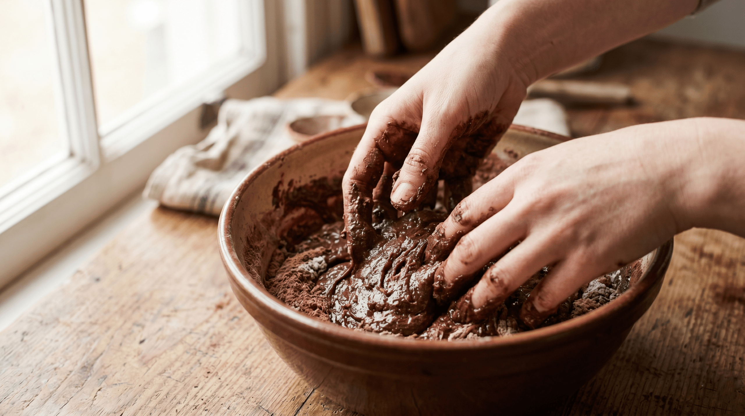 A macro close-up shot focusing on hands mixing rich, chocolate cake batter by hand, emphasizing the tactile and mindful experience of baking.
