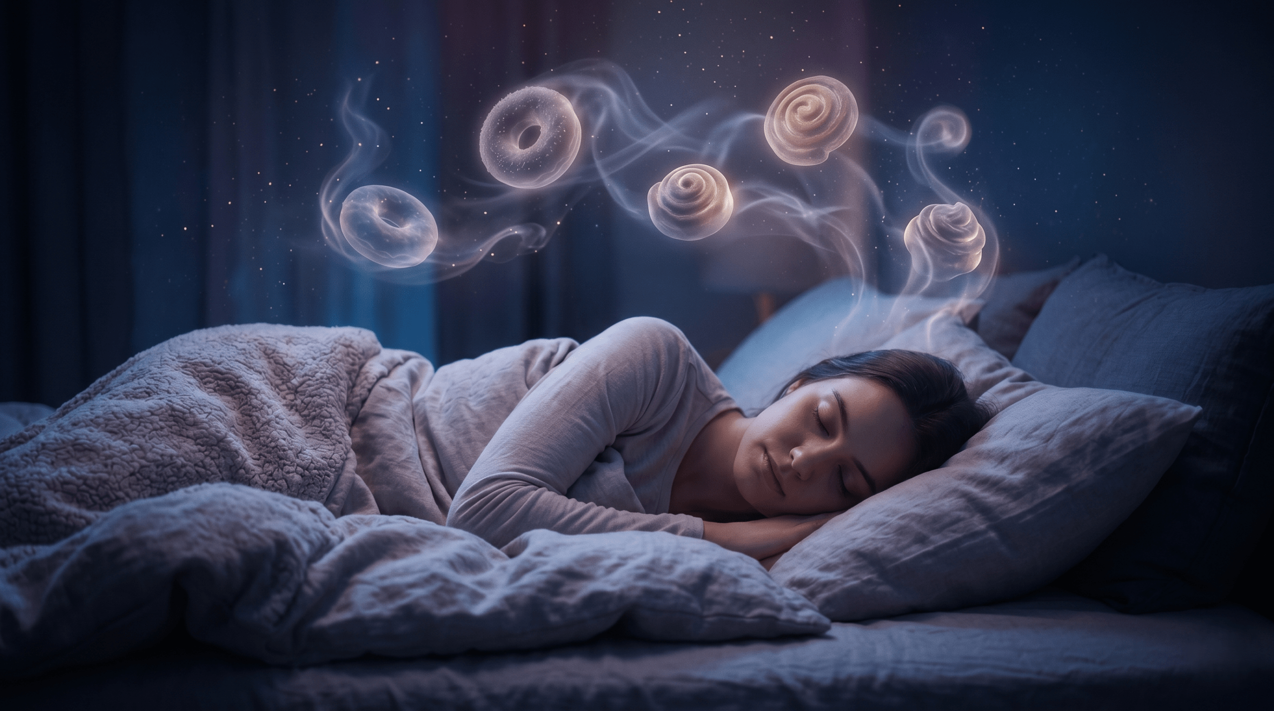A person sleeping peacefully while soft, glowing abstract shapes of food float above them in a dream-like state.
