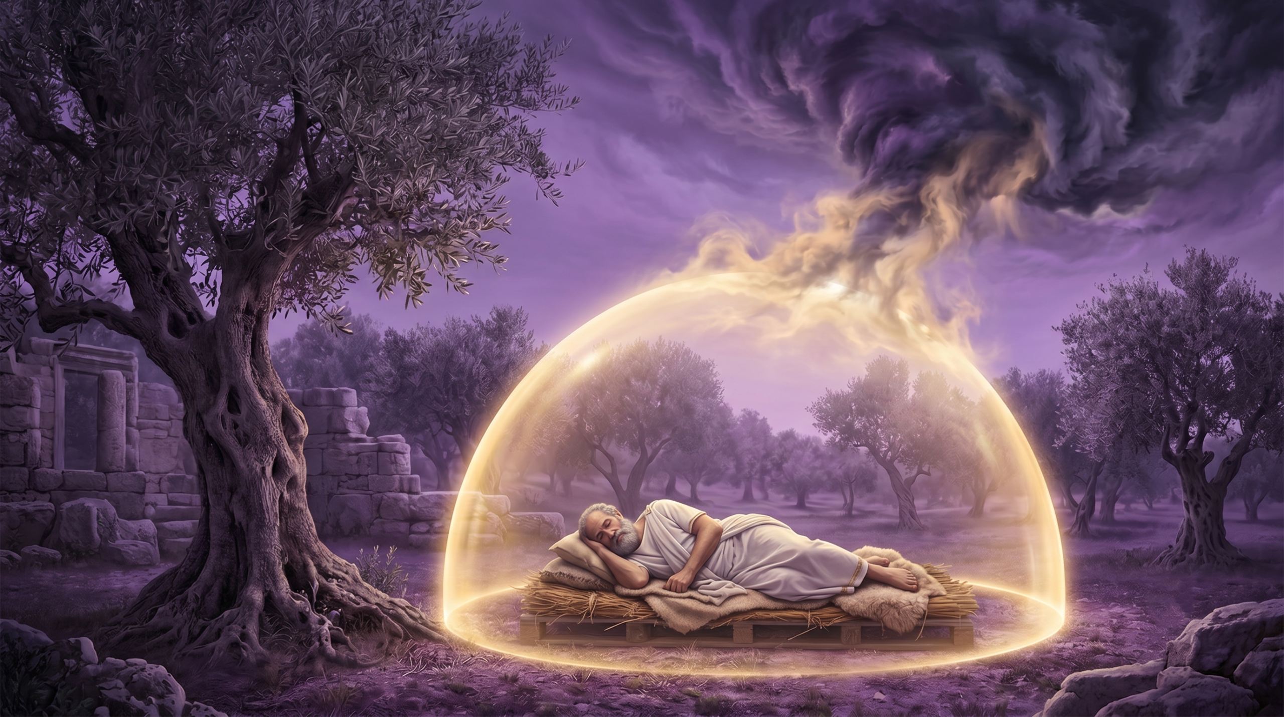 A conceptual image visualizing the brain processing daytime crisis and stress through peaceful dreaming as an emotional thermostat.

