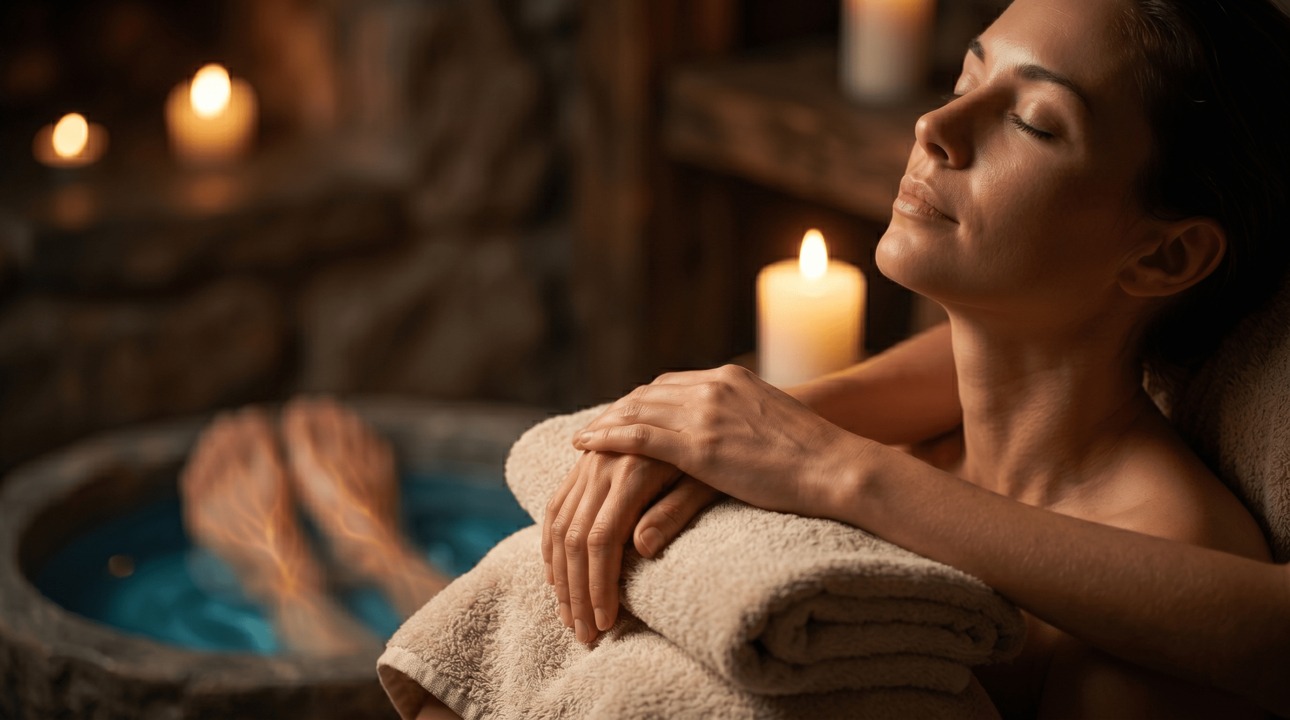 Serene portrait emphasizing the state of mindfulness and deep relaxation achieved during a holistic bedtime foot spa ritual.