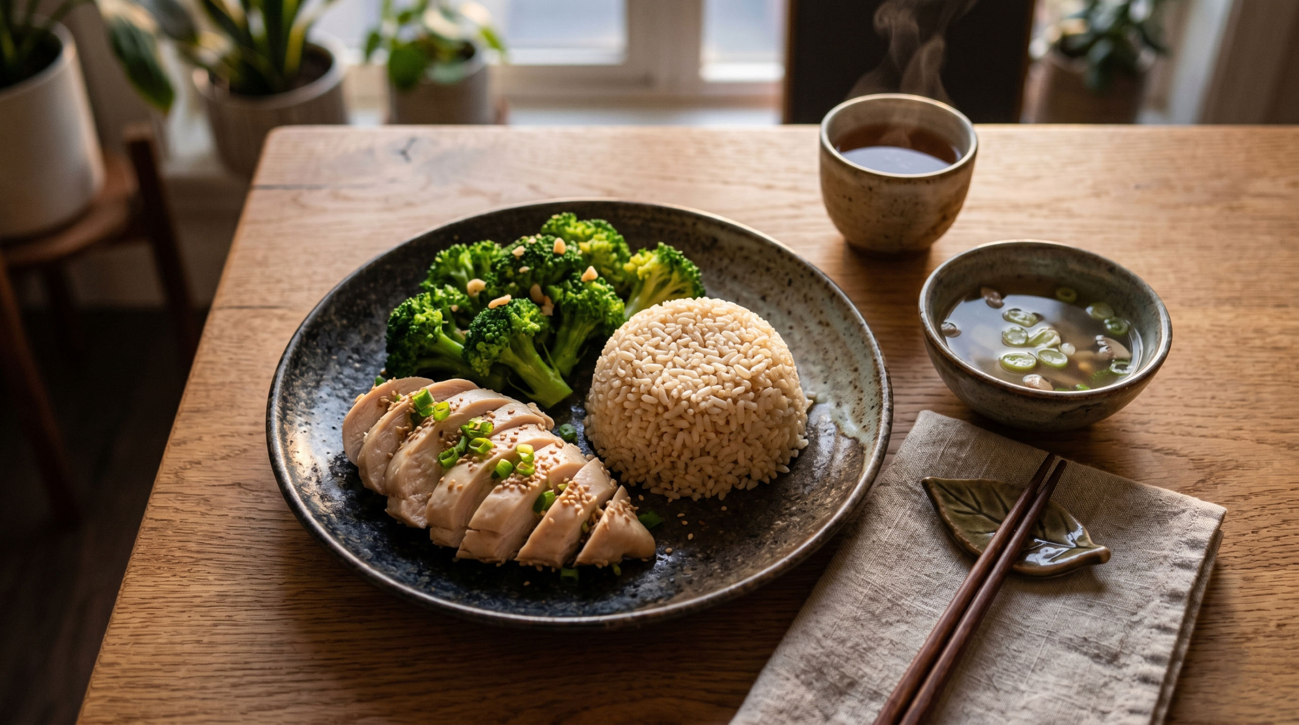 A healthy, sleep-friendly Chinese takeout meal featuring steamed chicken, broccoli, and brown rice beautifully plated on a ceramic dish.