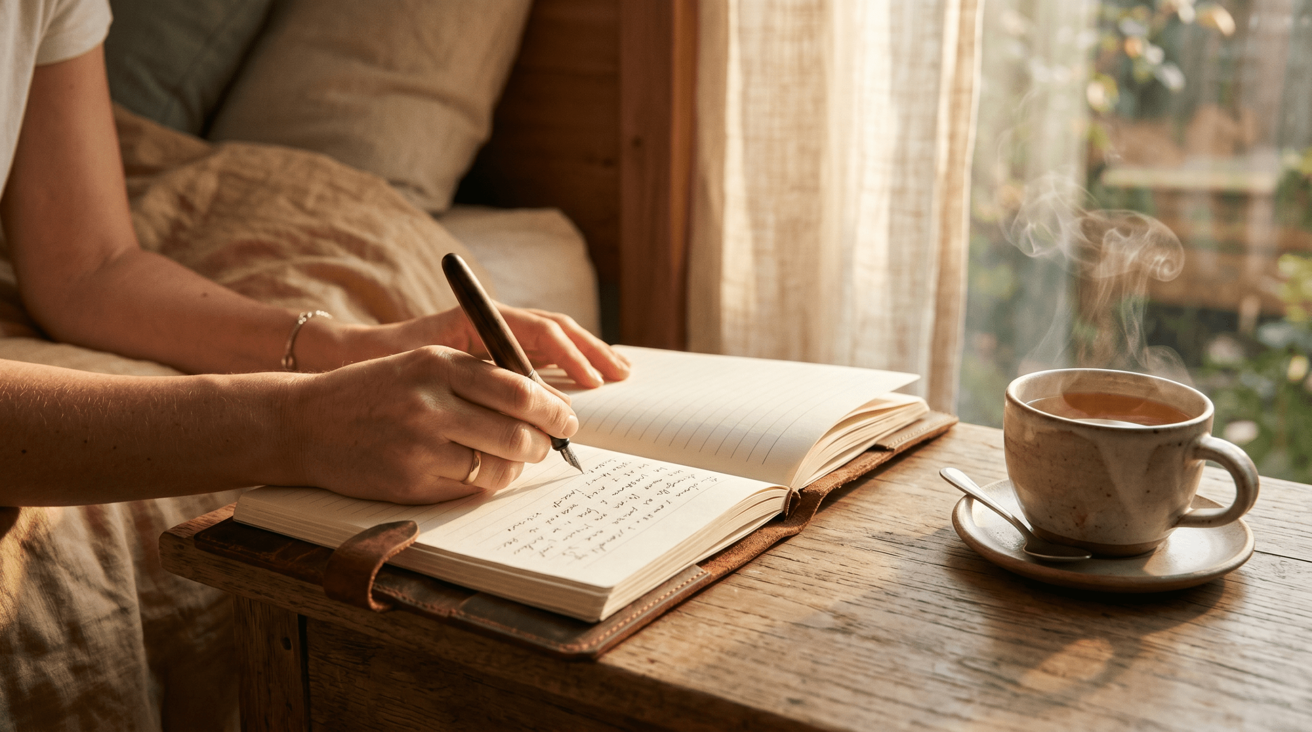 Hands writing in a dream journal during the early morning with golden sunlight streaming in.