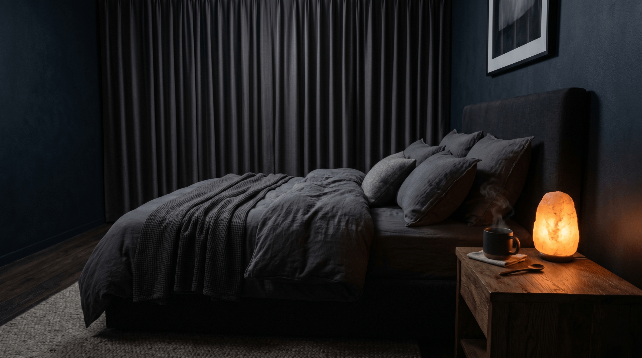 A dark, perfectly optimized holistic bedroom setup featuring a salt lamp and herbal tea for deep rest.

