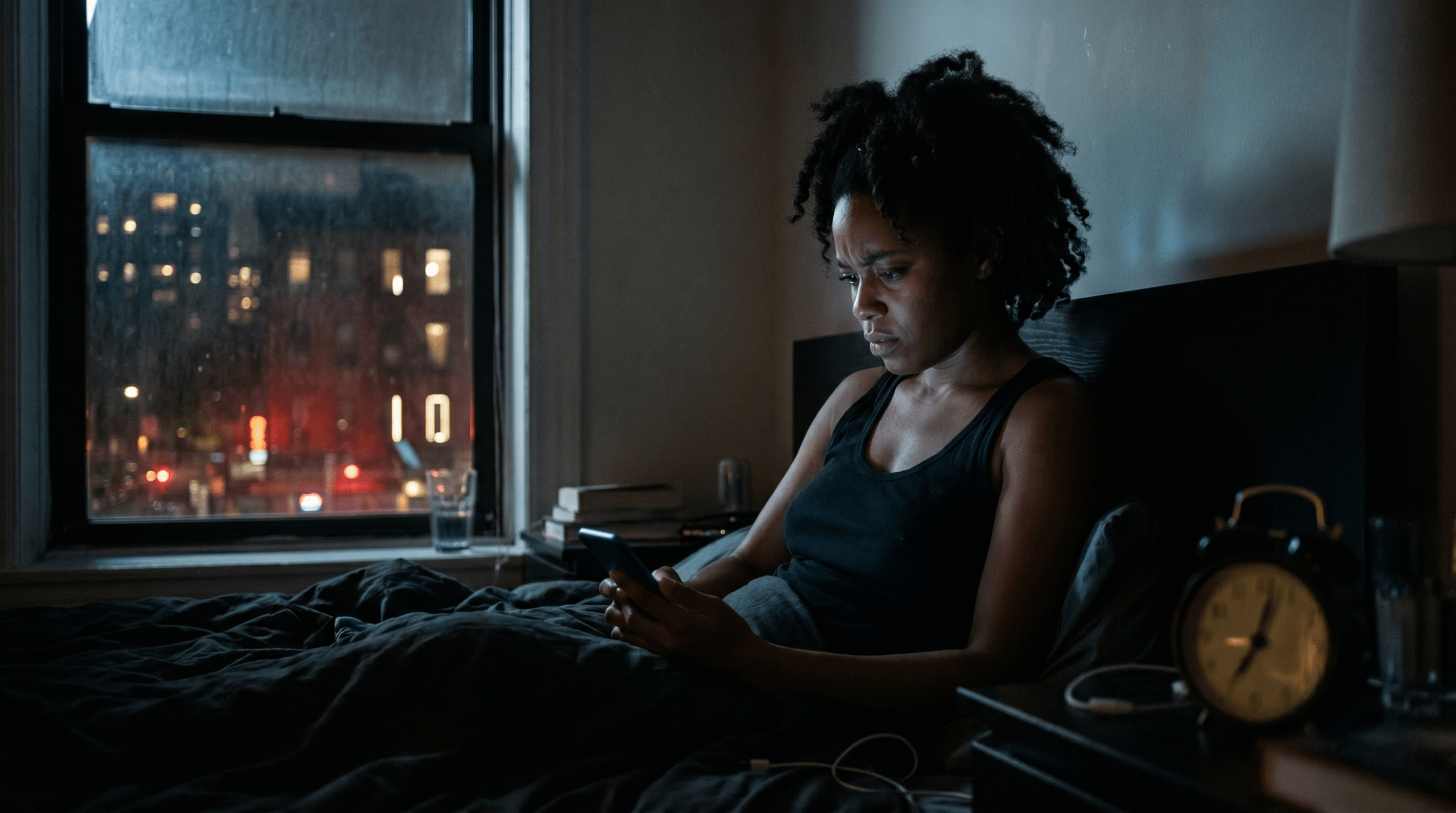 A person frustrated and awake in a dark bedroom at 3 AM illustrating sleep disruption after alcohol.
