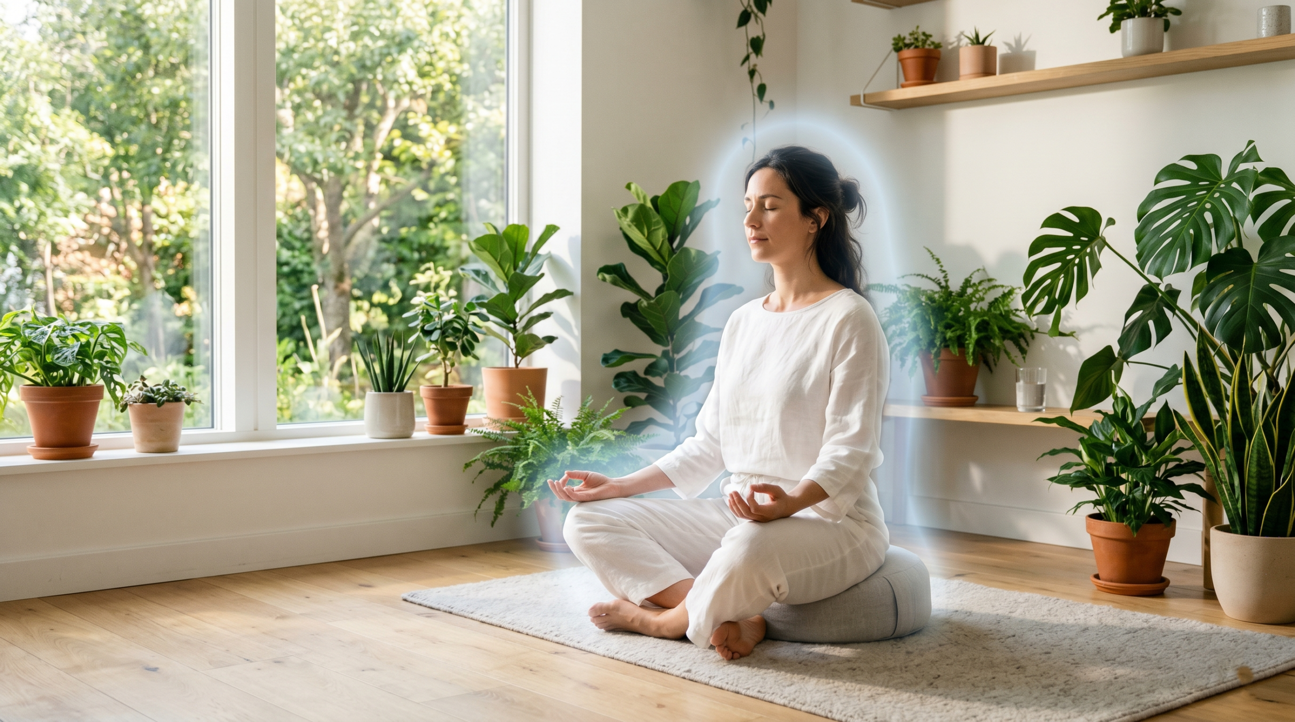 Person meditating peacefully in a sunlit room demonstrating mindfulness for goal actualization.