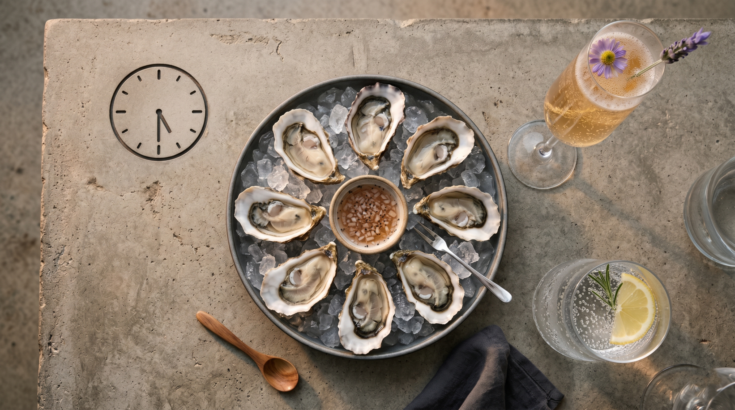 Flat-lay photo of happy hour oysters paired with sparkling mineral water and an herbal chamomile mocktail, optimized for sleep-friendly chronobiology and digestive timing.