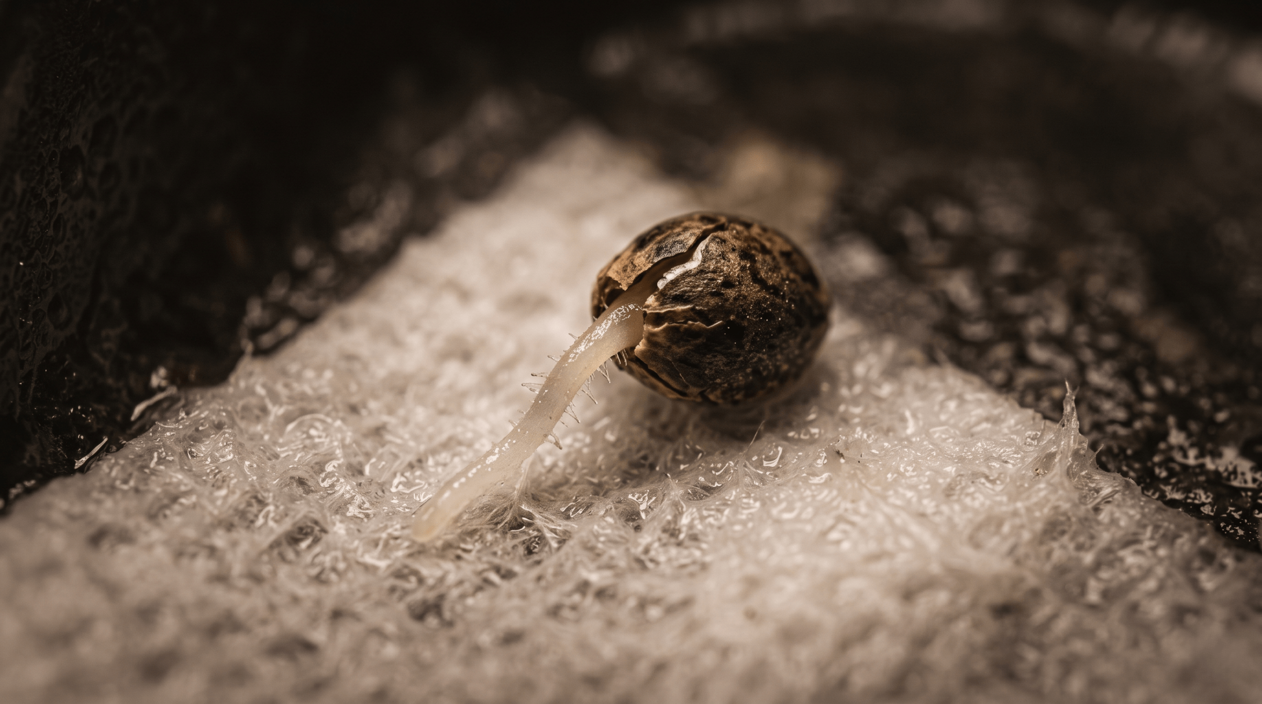 Close-up macro view of a delicate white taproot emerging from a germinating Blue Dream cannabis seed.

