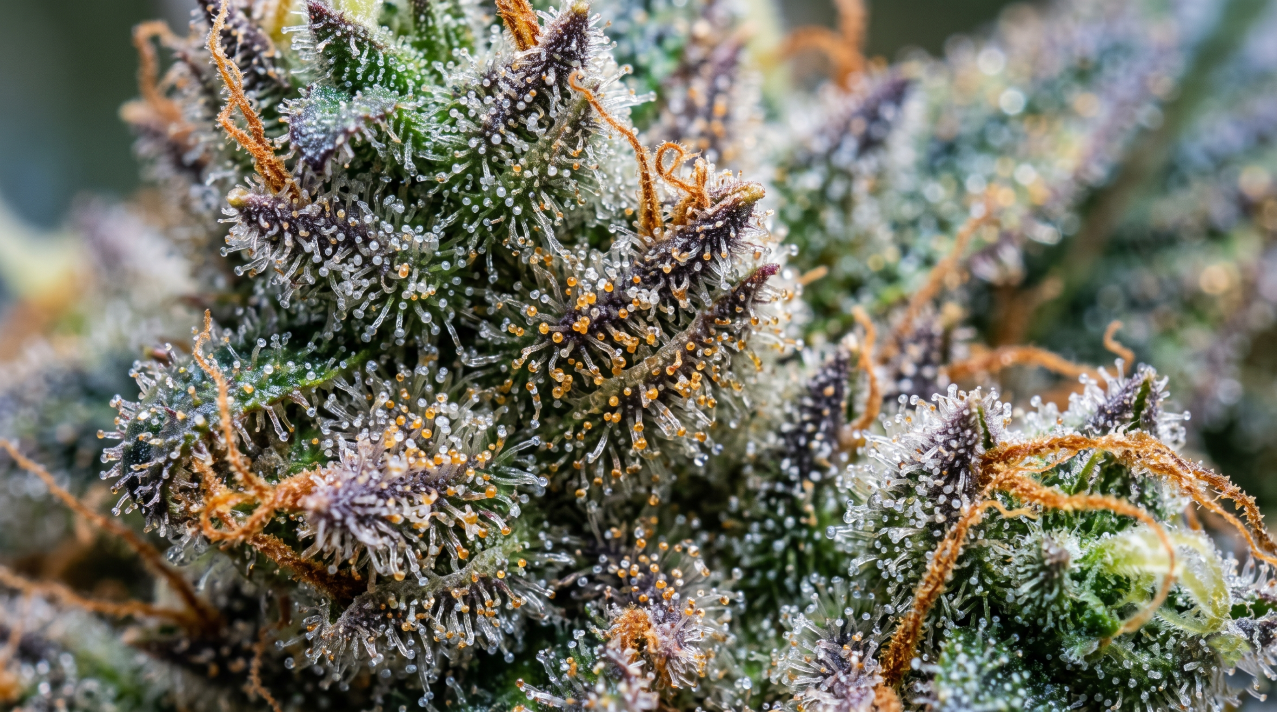 Macro photograph of mature Blue Dream cannabis trichomes showing clear, milky, and a significant amount of amber heads.

