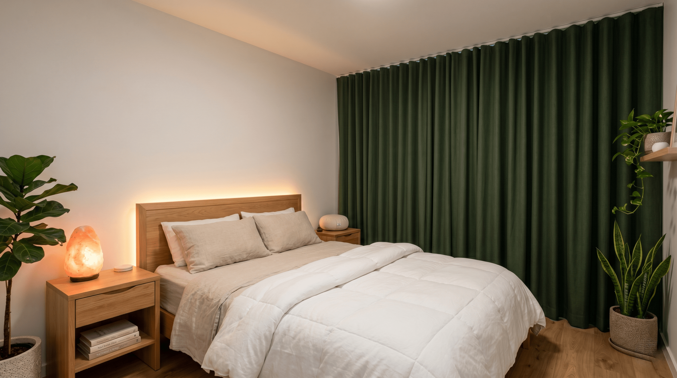 Minimalistic, wide photograph of an optimized sleep sanctuary bedroom featuring warm diffused lighting, natural textures, heavy blackout curtains, and a salt lamp.