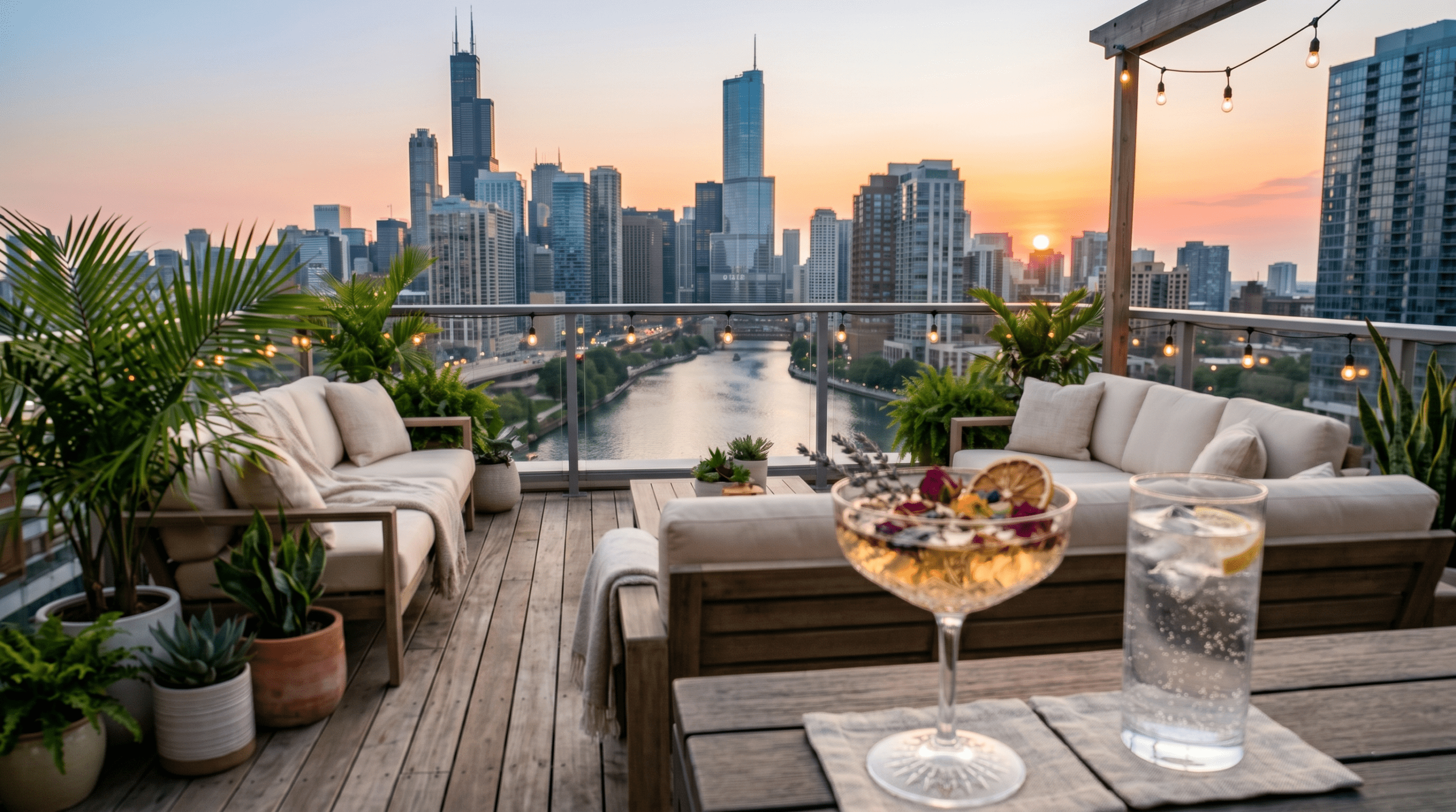 A beautiful botanical mocktail and a glass of sparkling water on a quiet River North rooftop demonstrate hydration pacing during happy hour.
