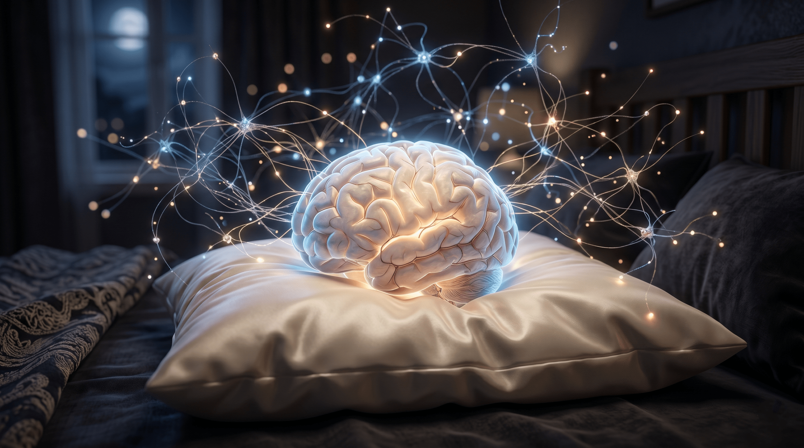 Glowing 3D human brain on a pillow showing neural connections during deep restorative sleep.
